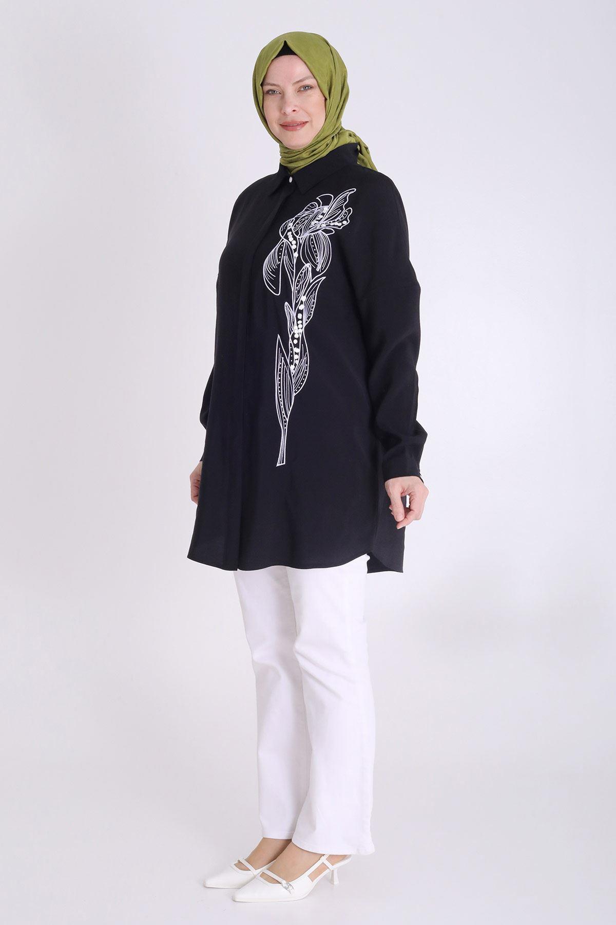 Behrem Büyük Beden Nakış Detaylı Tunik Siyah OTW2350