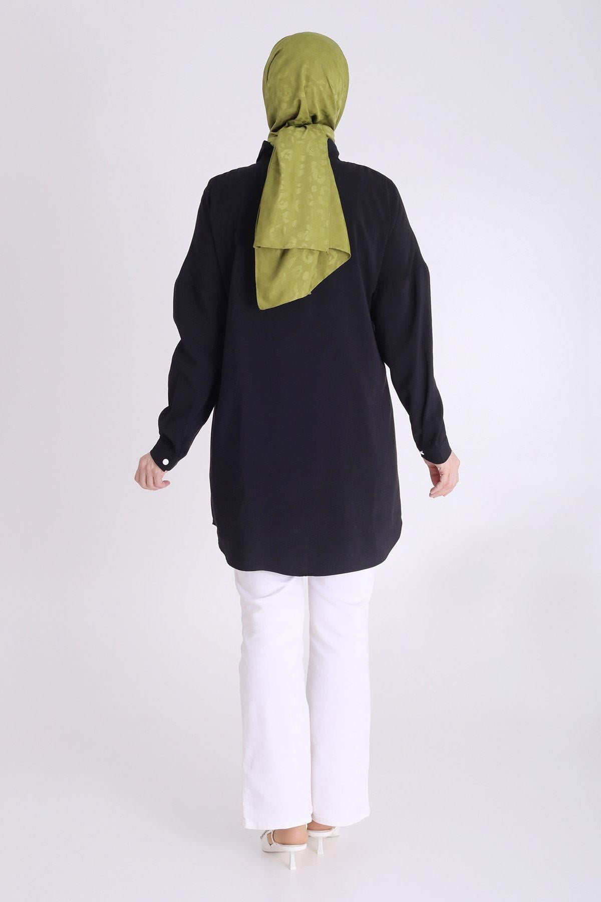 Behrem Büyük Beden Nakış Detaylı Tunik Siyah OTW2350