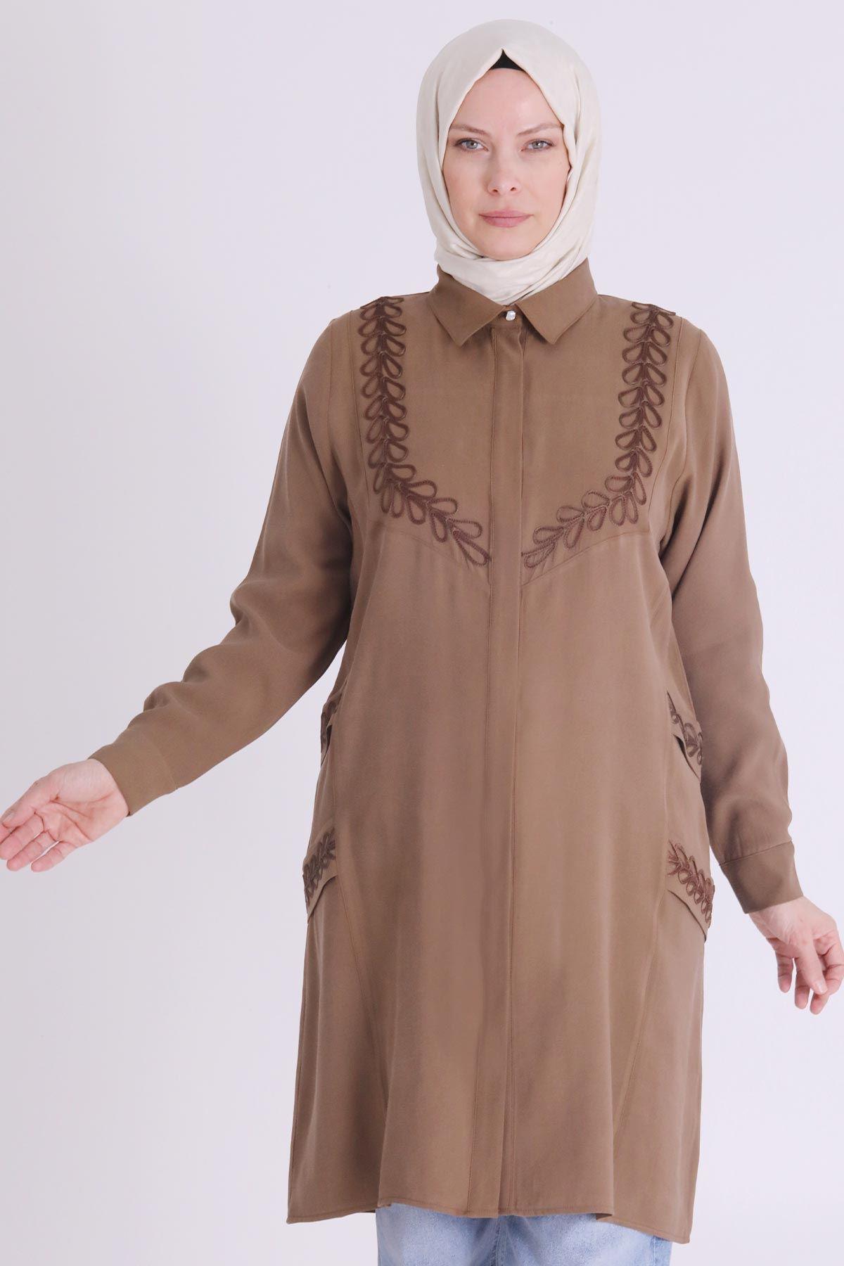 Behrem Büyük Beden Nakışlı Tunik Kahve OTW23028