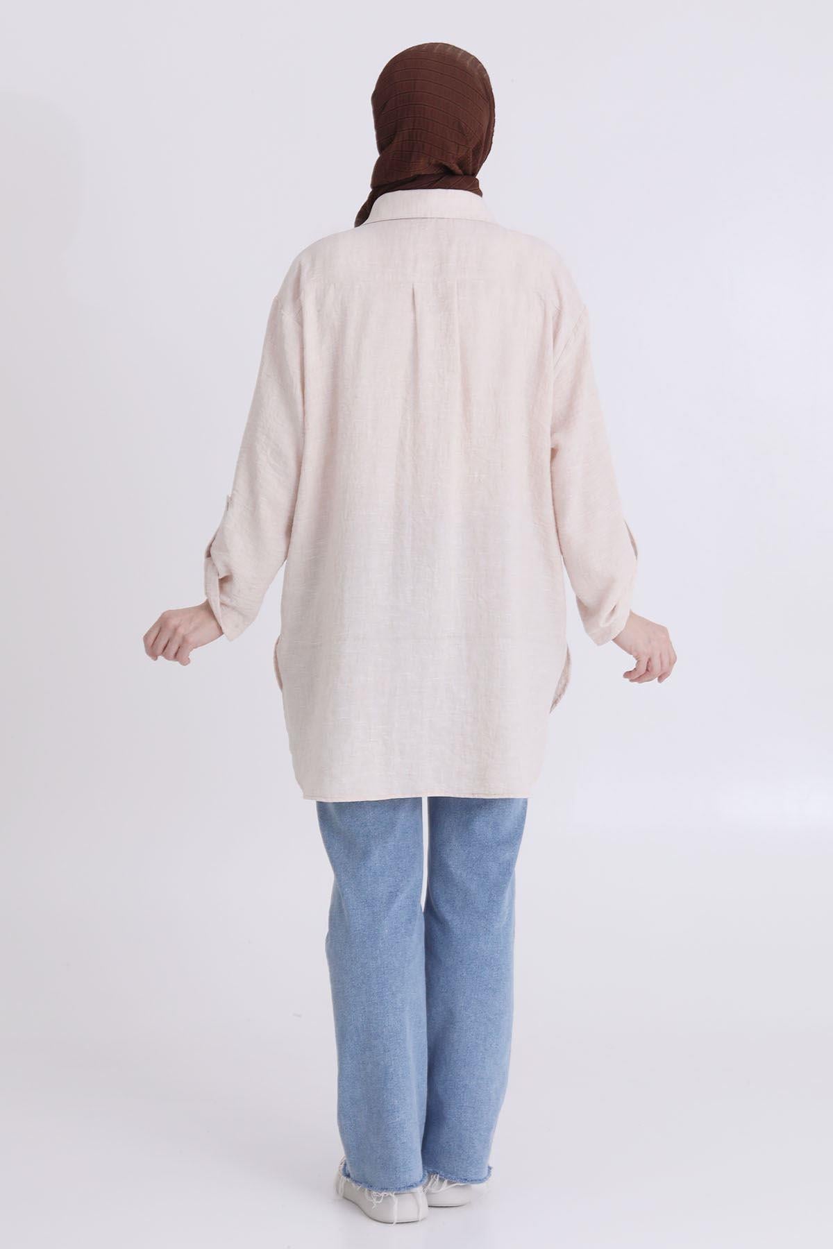 Behrem Büyük Beden Oversize Tunik Bej OTW2346