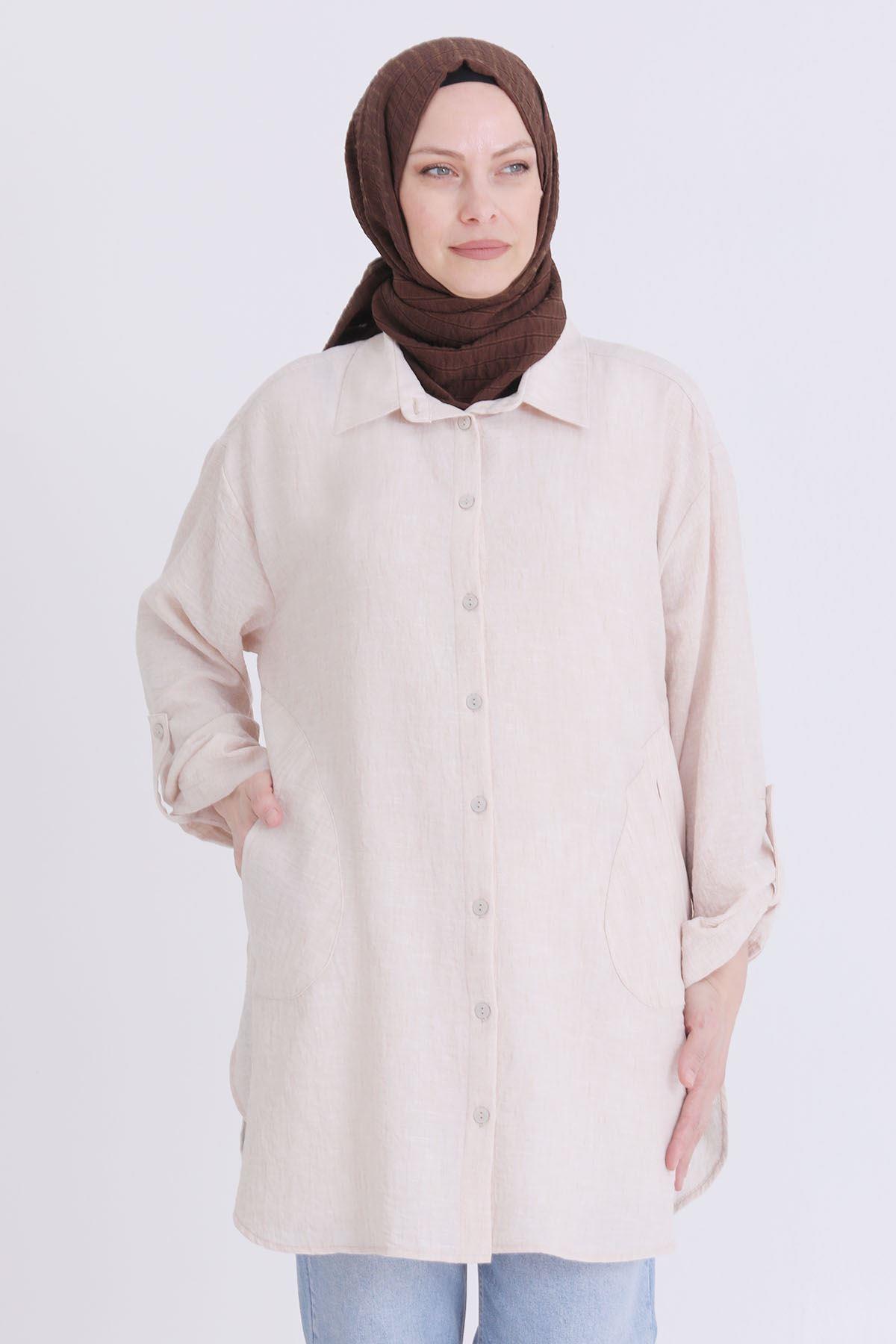 Behrem Büyük Beden Oversize Tunik Bej OTW2346