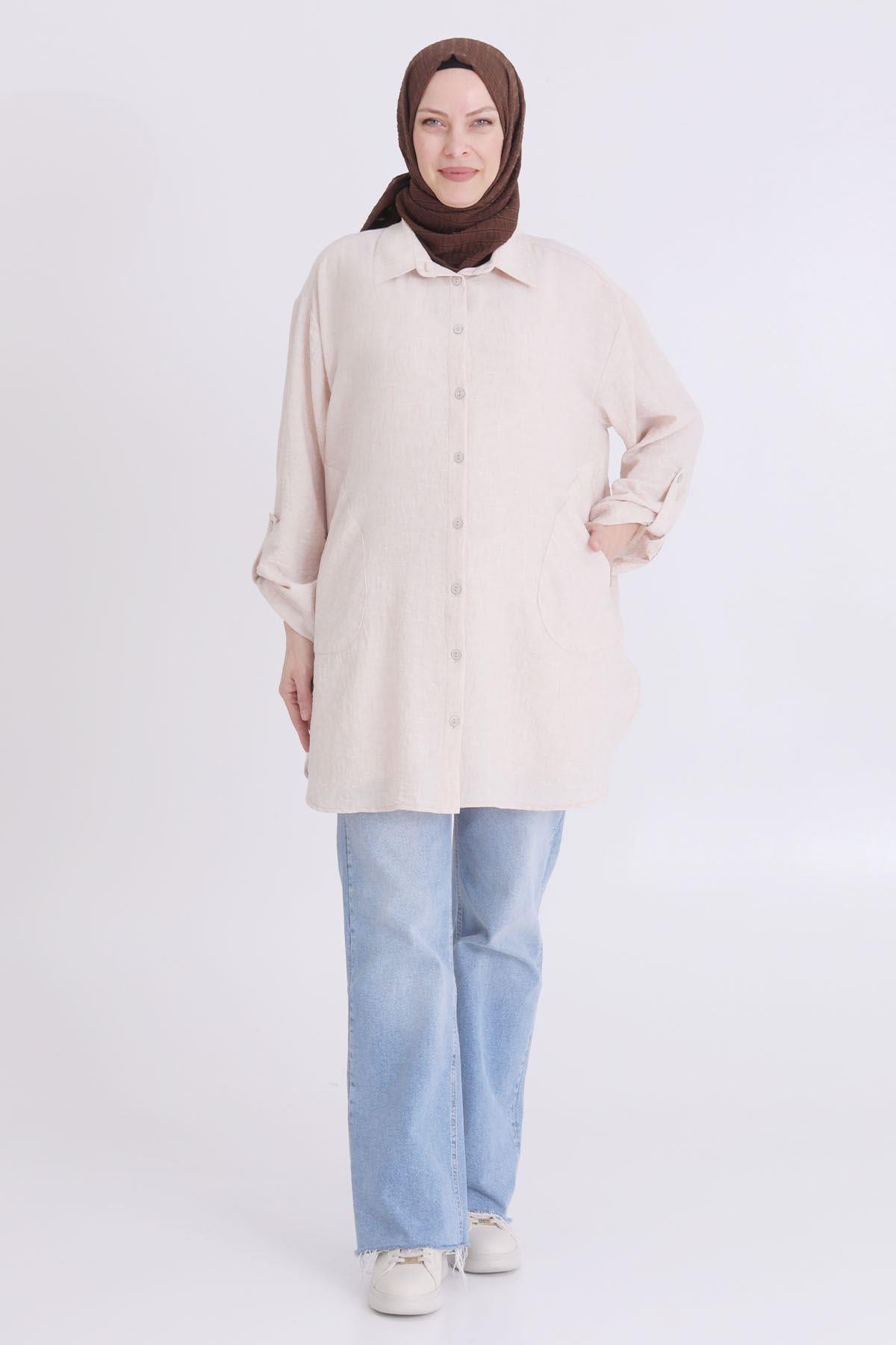 Behrem Büyük Beden Oversize Tunik Bej OTW2346