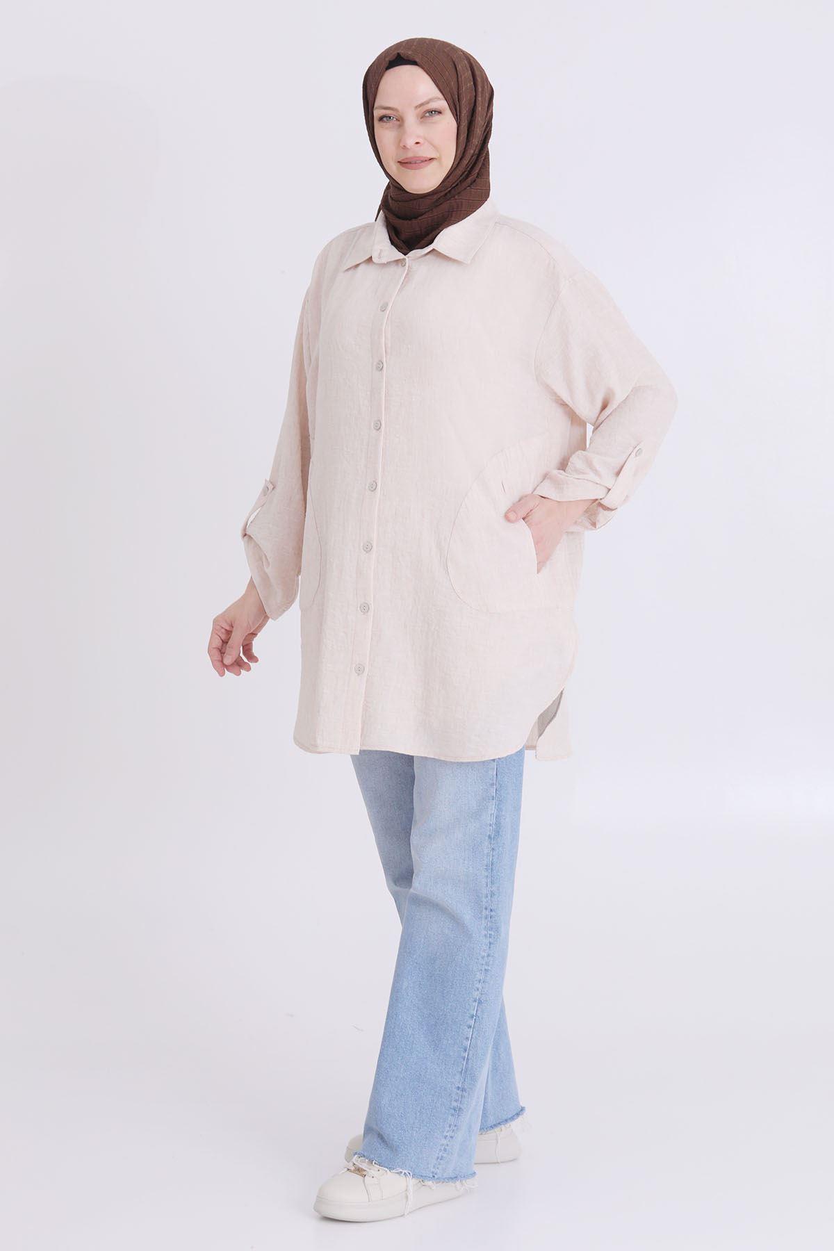 Behrem Büyük Beden Oversize Tunik Bej OTW2346