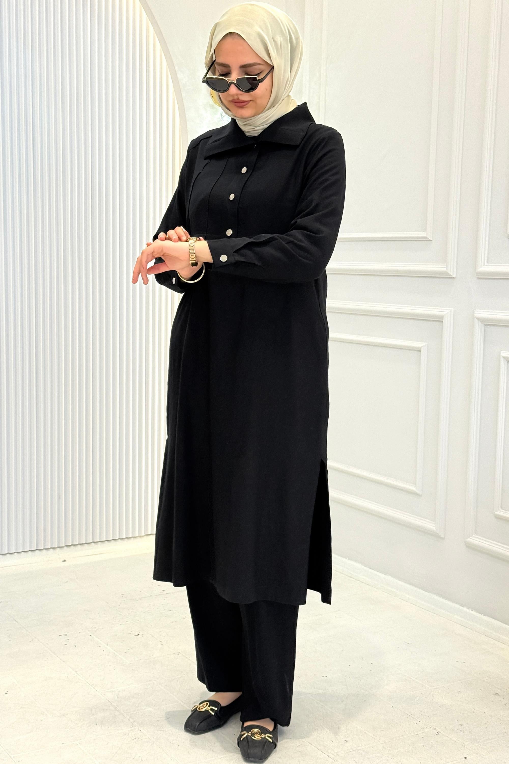 Behrem Büyük Beden Pantolonlu Takım Siyah OTW3560