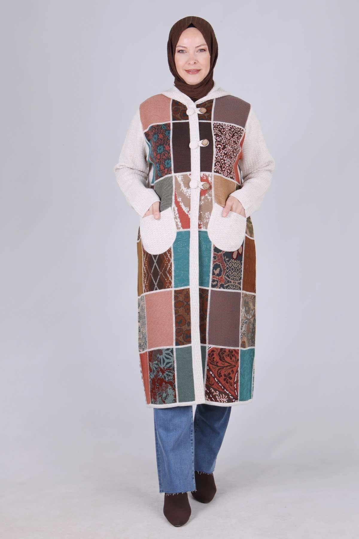 Behrem Büyük Beden Patchwork Triko Kap Krem OTW9314