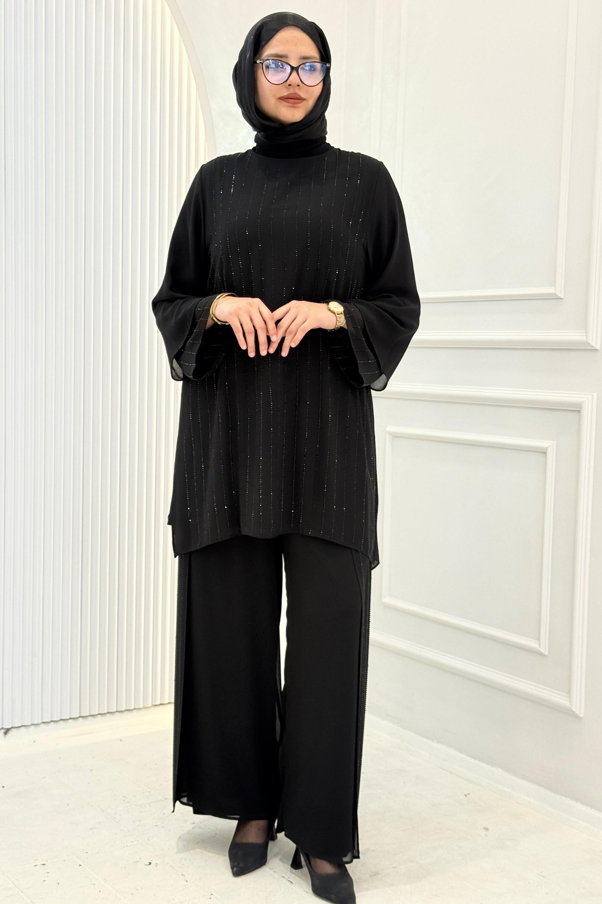 Behrem Büyük Beden Sandy Şifon Pantolonlu Takım Siyah OTW60024