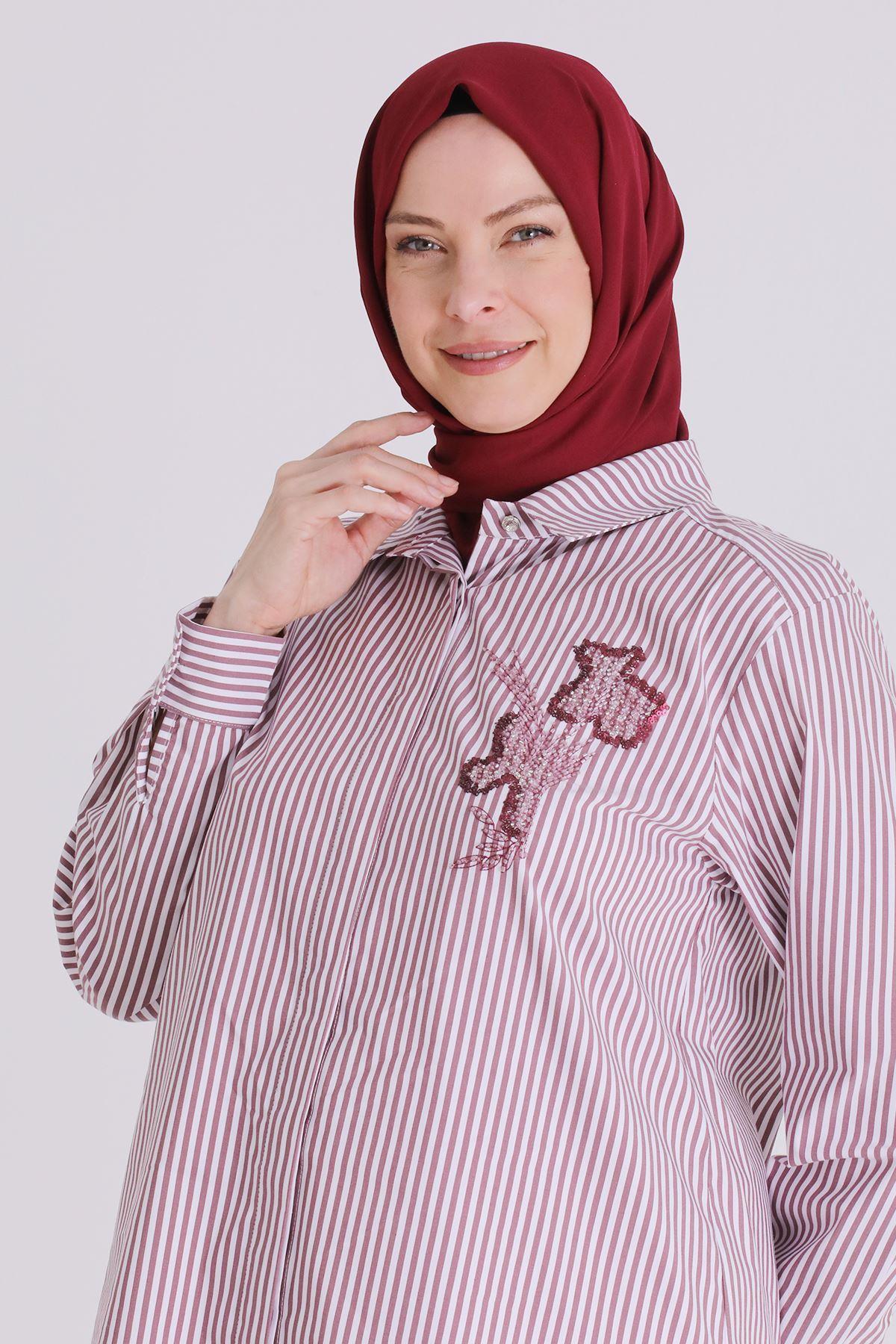 Behrem Büyük Beden Tesettür Çizgili Tunik Bordo OTW23036