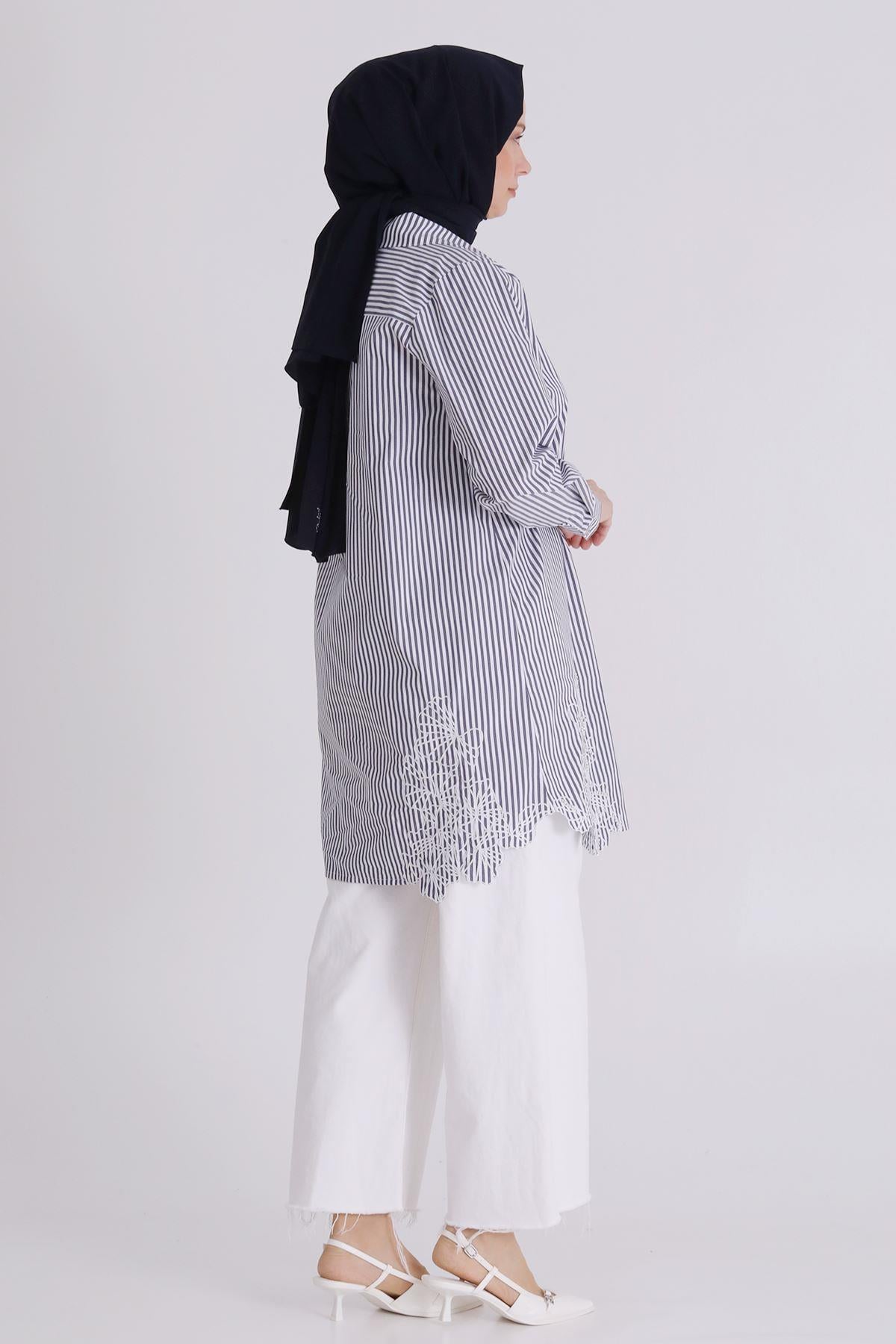 Behrem Büyük Beden Tesettür Çizgili Tunik Lacivert OTW23037