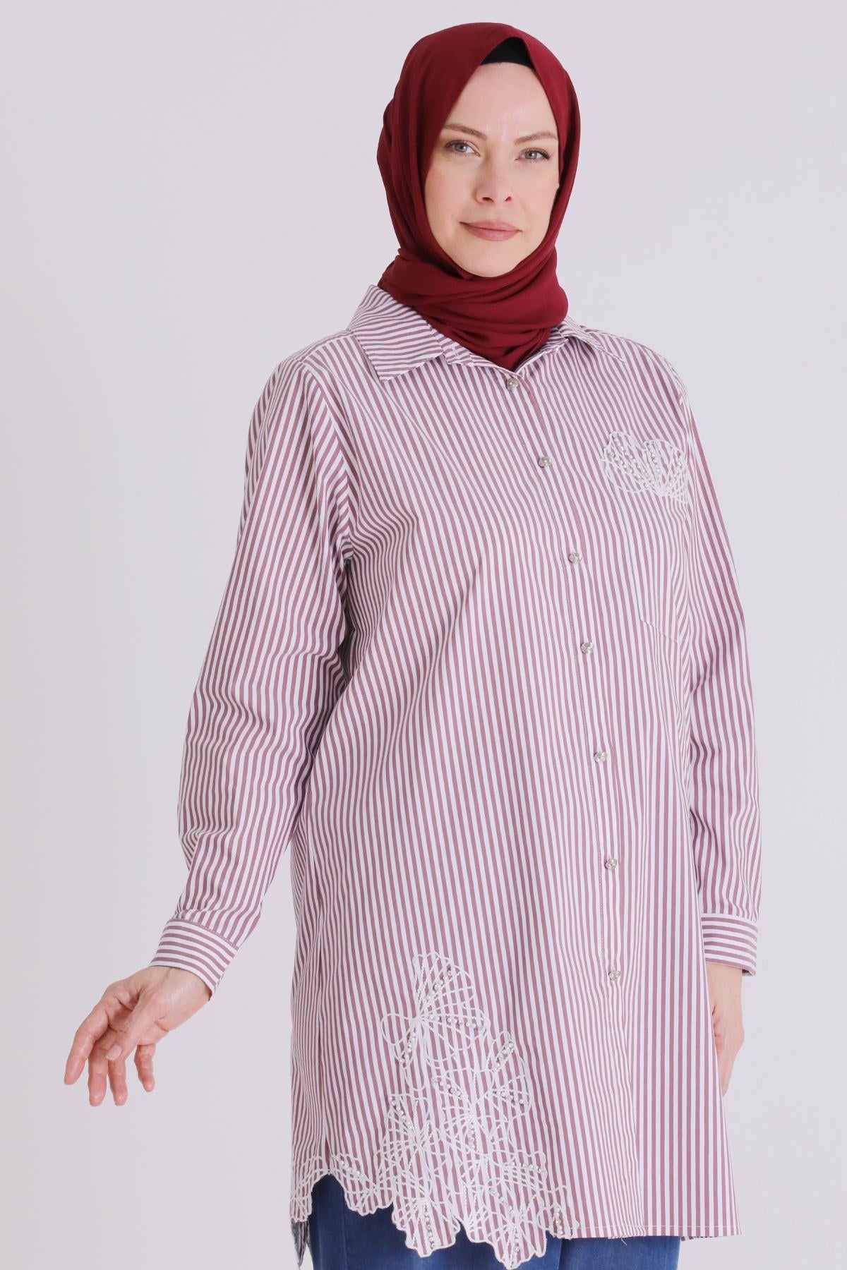 Behrem Büyük Beden Tesettür Çizgili Tunik Bordo OTW23037
