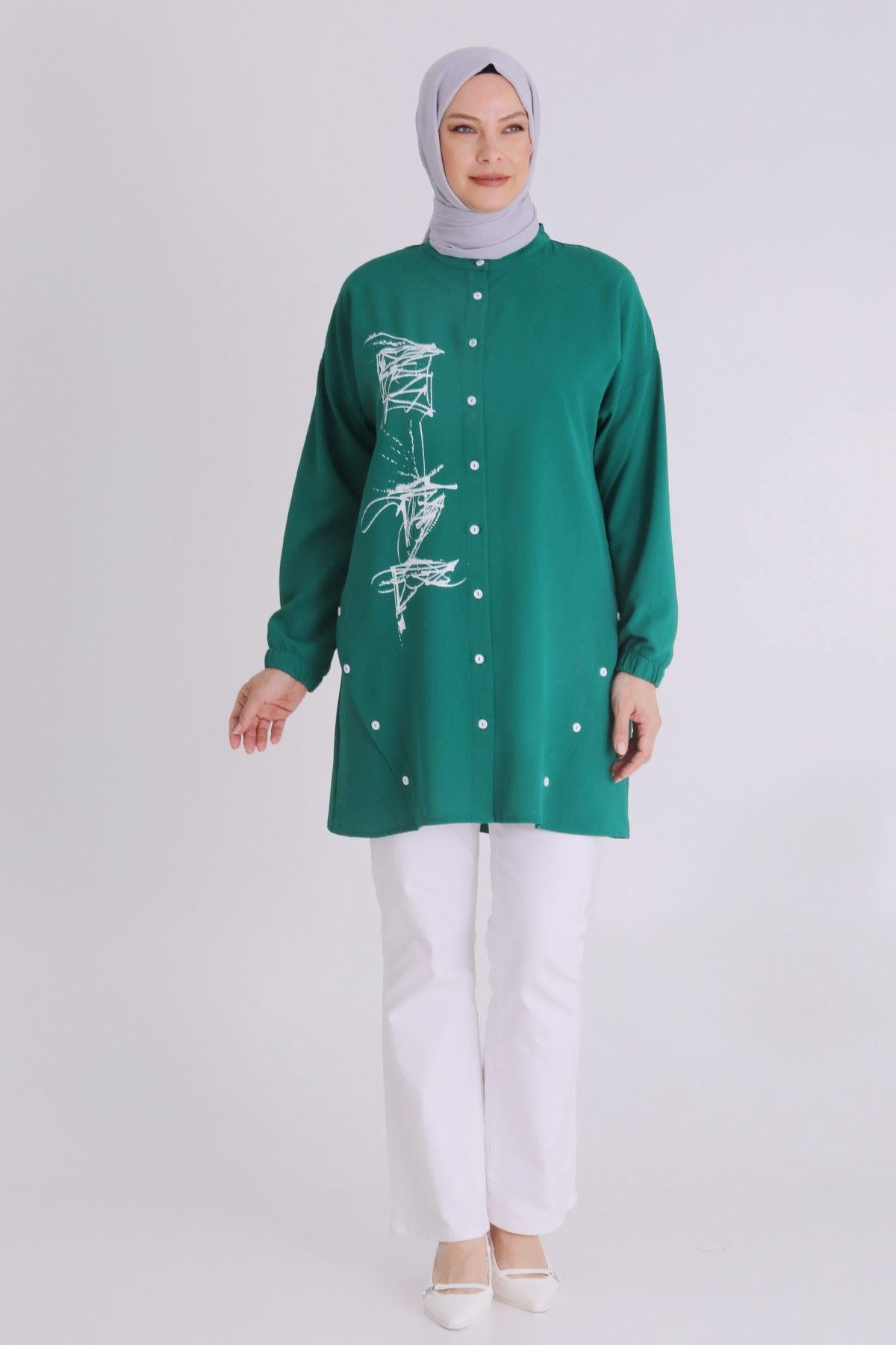 Behrem  Büyük Beden Tesettür Düğmeli Spor Tunik Benetton OTW2353