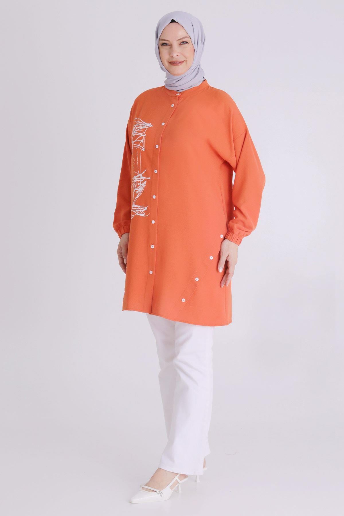 Behrem  Büyük Beden Tesettür Düğmeli Spor Tunik Oranj OTW2353