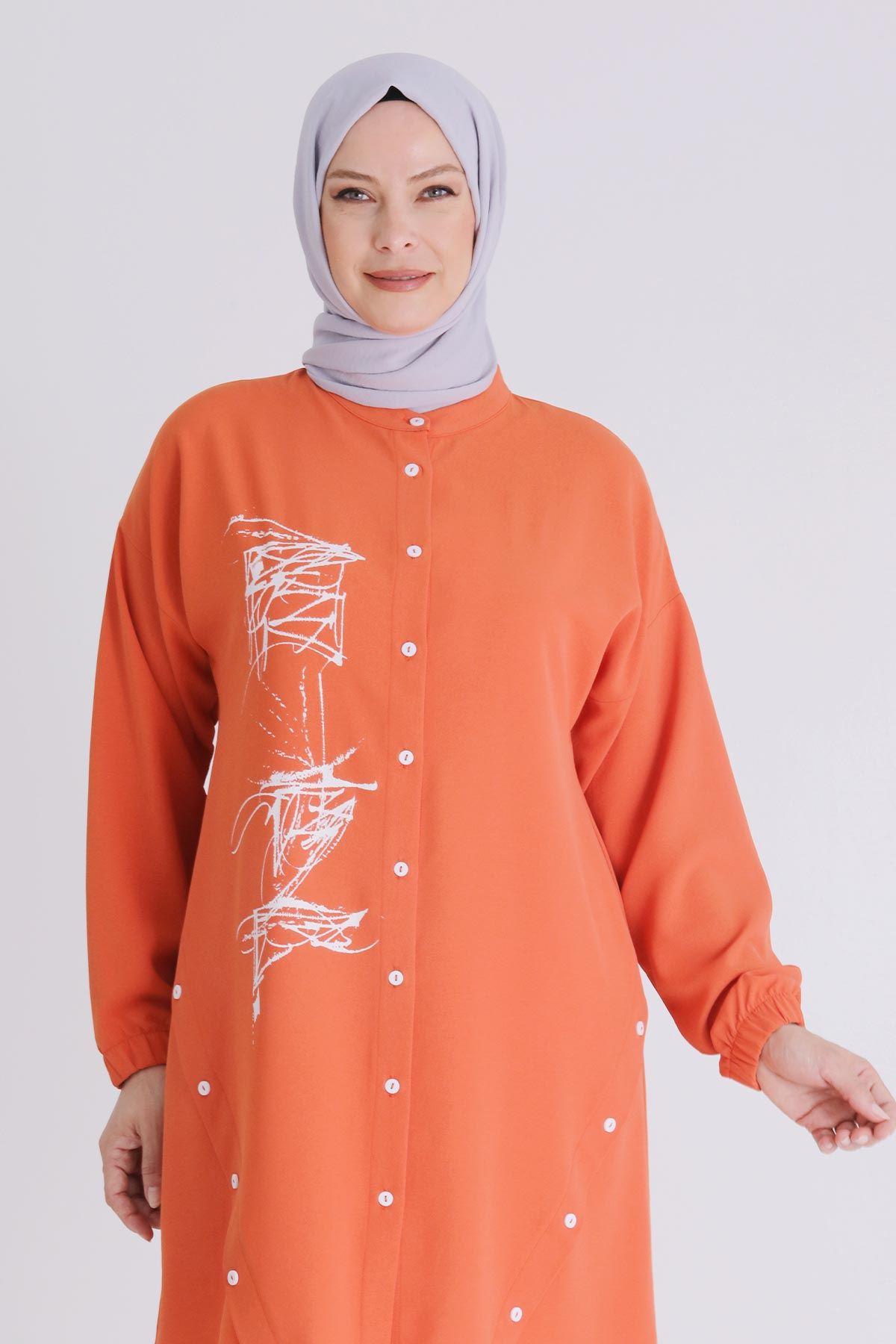 Behrem  Büyük Beden Tesettür Düğmeli Spor Tunik Oranj OTW2353