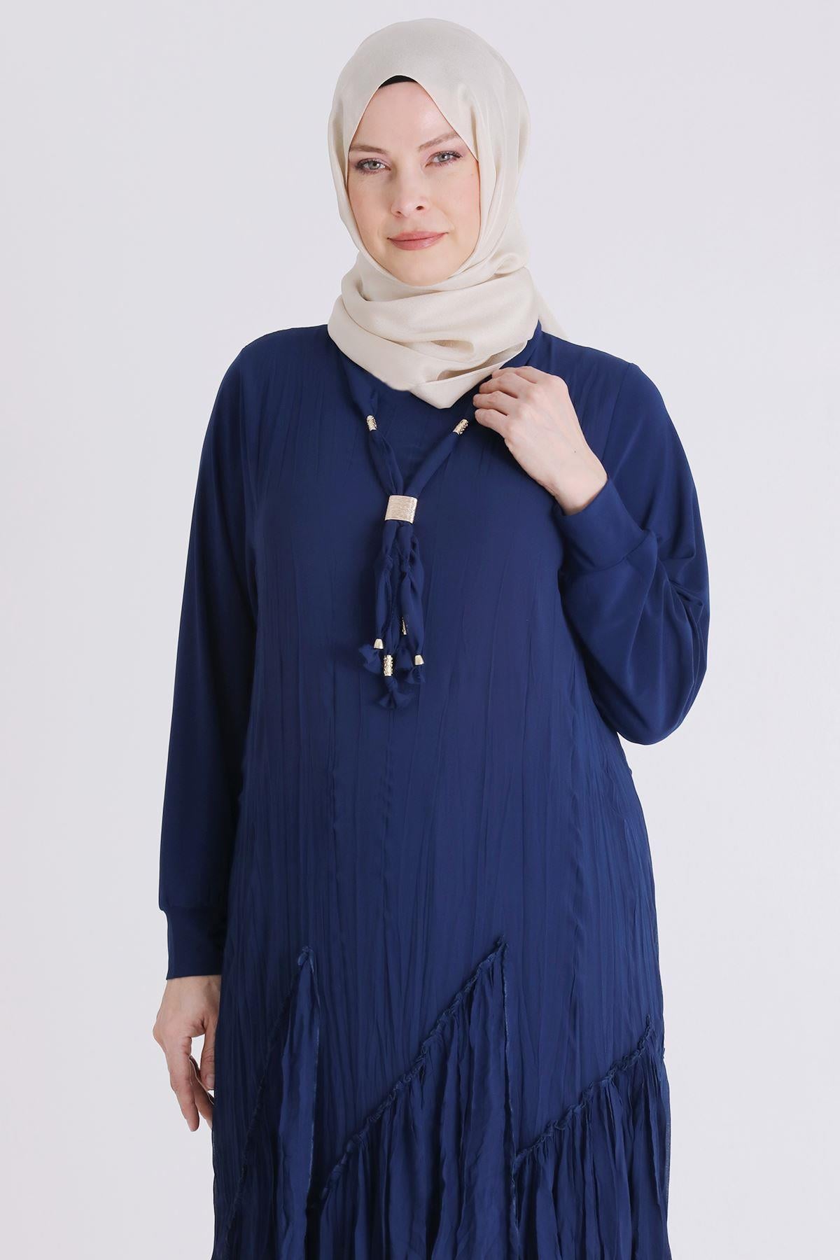 Behrem Büyük Beden Tesettür Elbise İndigo OTW7526