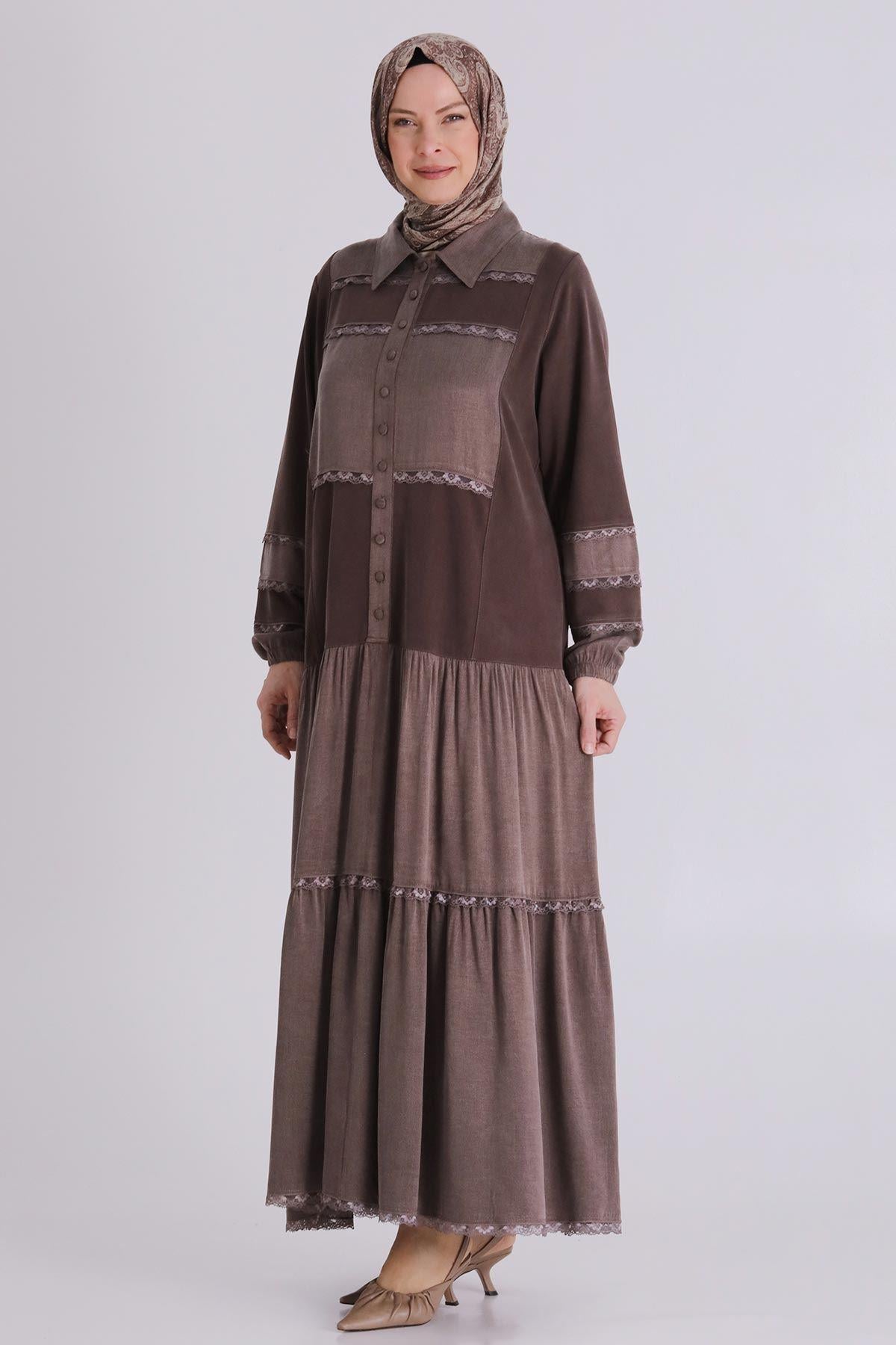 Behrem Büyük Beden Tesettür Elbise Kahve OTW75008
