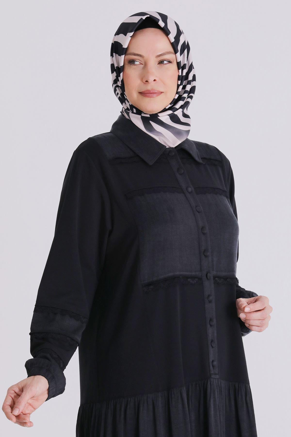 Behrem Büyük Beden Tesettür Elbise Siyah OTW75008