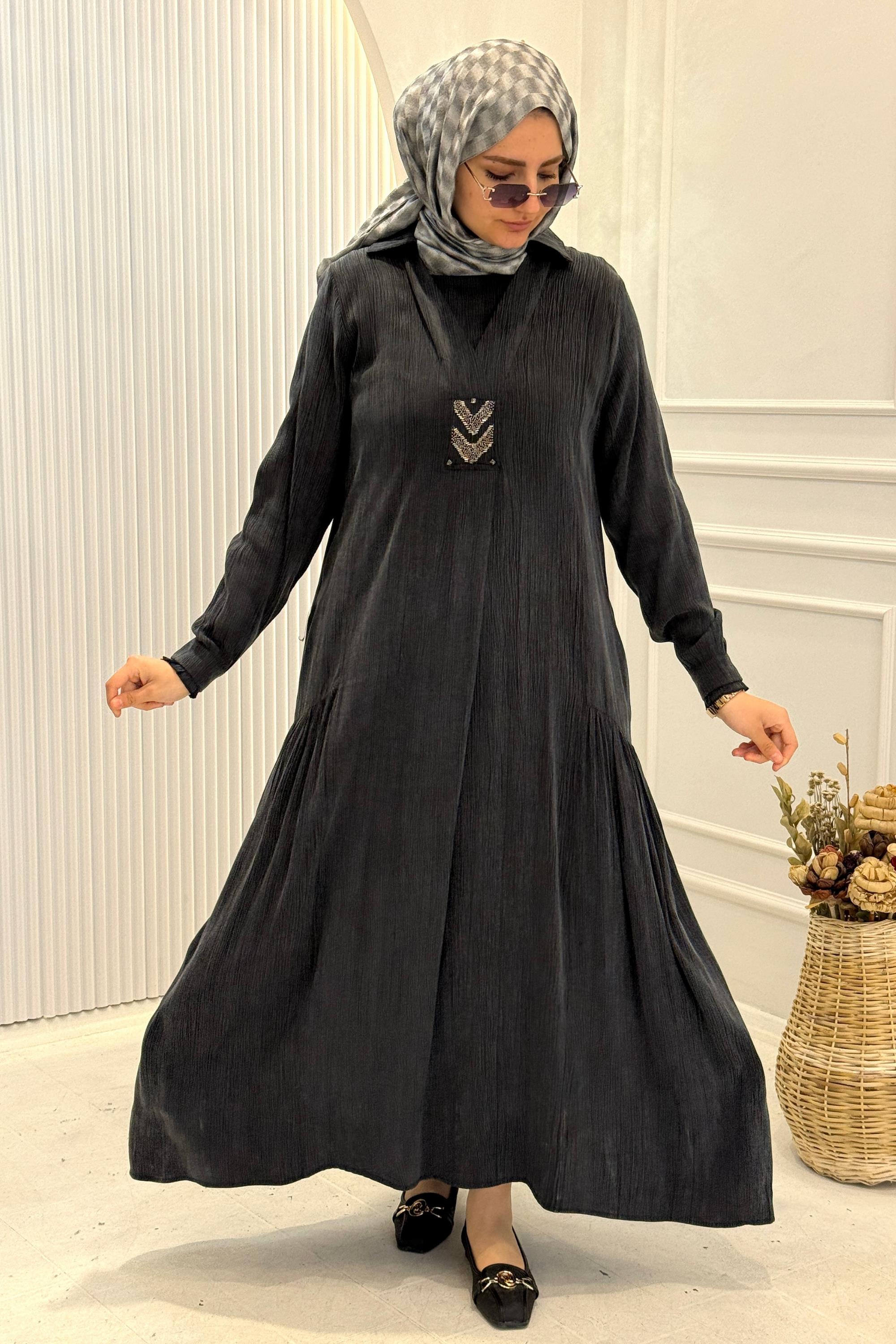 Behrem Büyük Beden Tesettür Elbise Siyah OTW75009