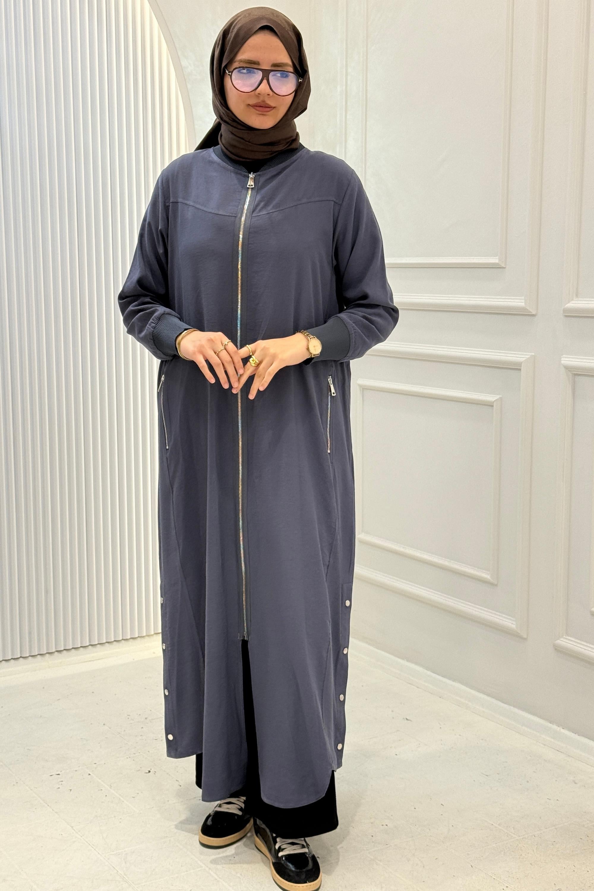 Behrem Büyük Beden Tesettür Ferace Duman Mavi OTW2829