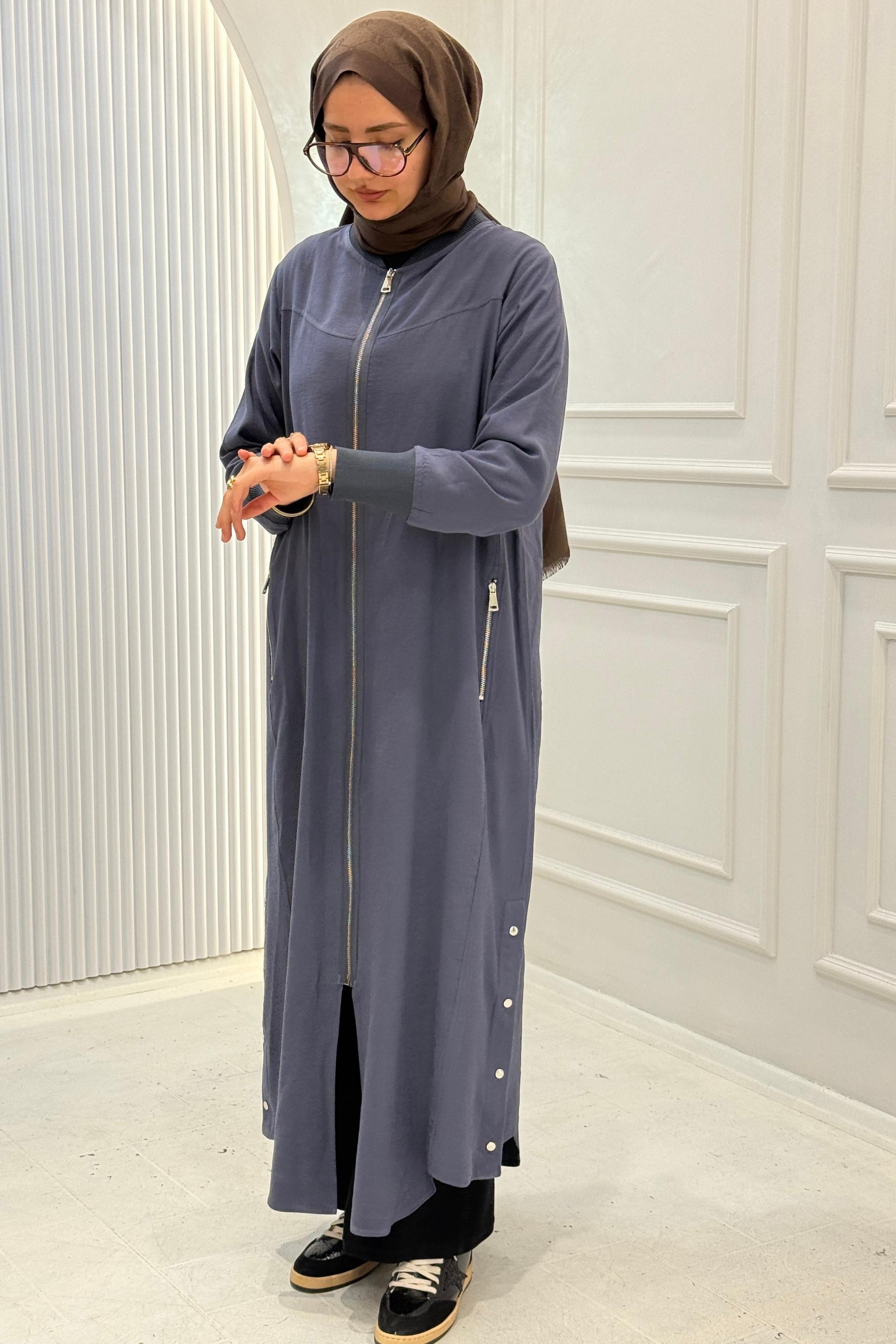 Behrem Büyük Beden Tesettür Ferace Duman Mavi OTW2829