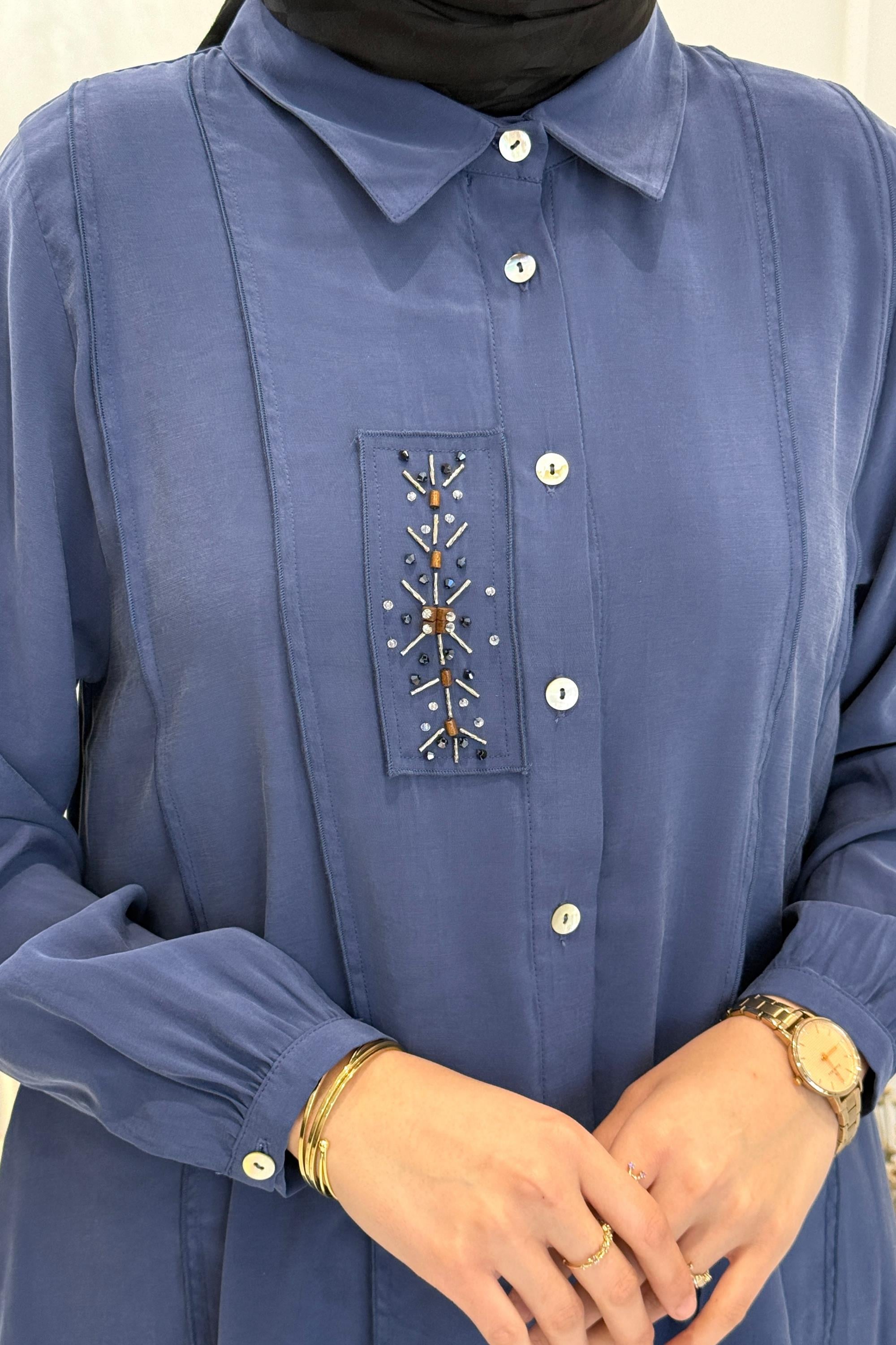 Behrem Büyük Beden Tesettür İşlemeli Tunik İndigo OTW2359