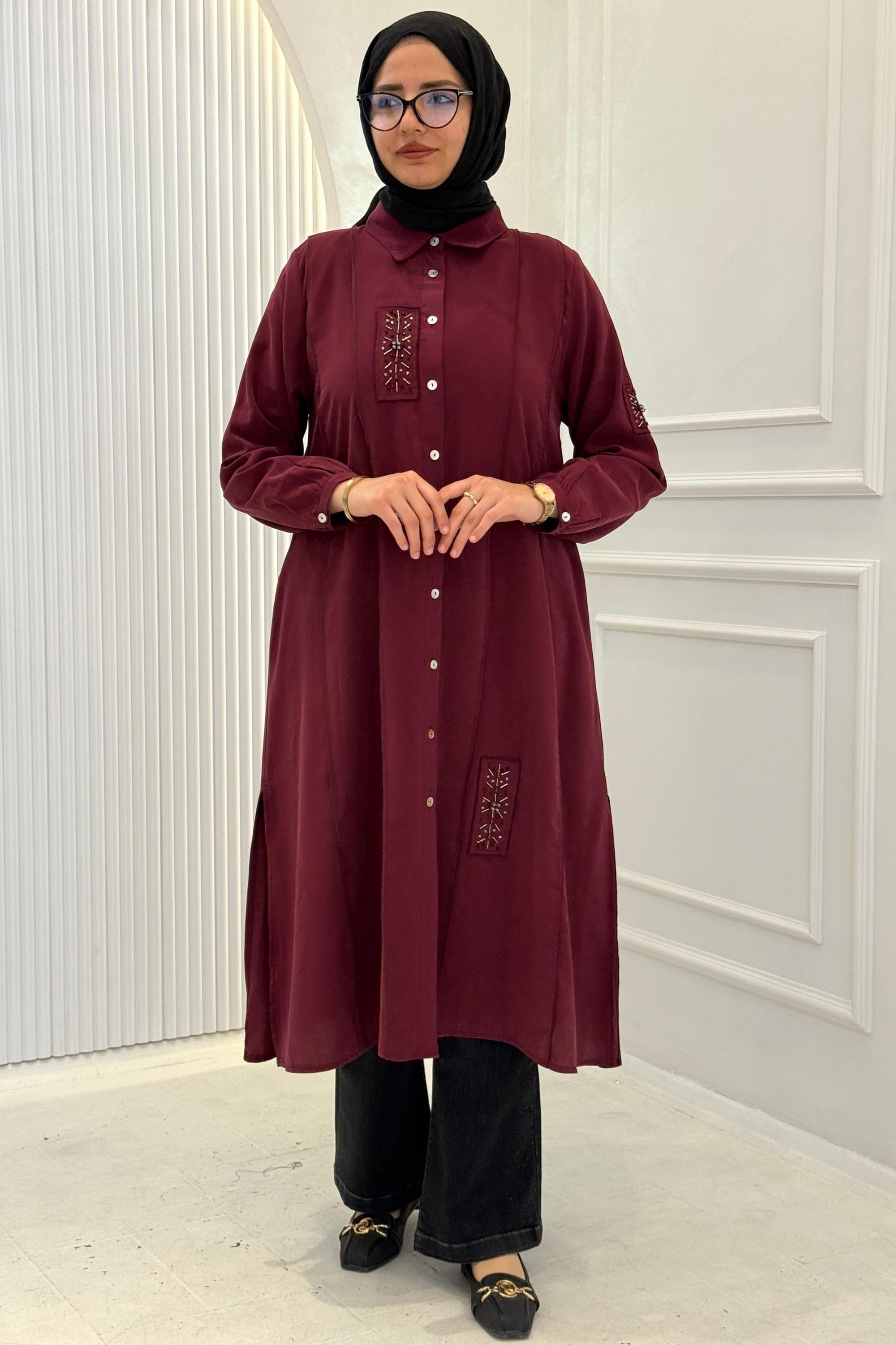 Behrem Büyük Beden Tesettür İşlemeli Tunik Bordo OTW2359