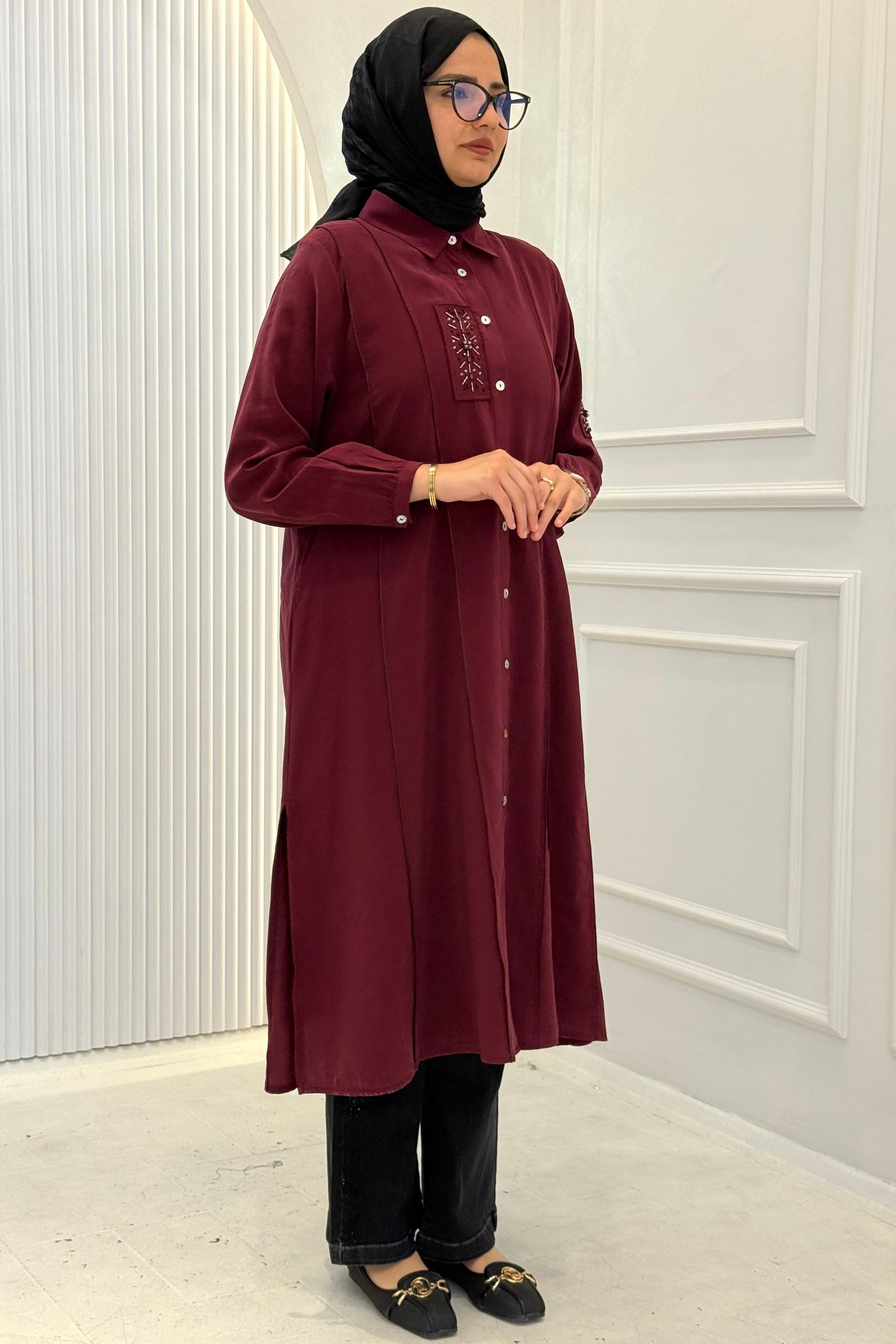 Behrem Büyük Beden Tesettür İşlemeli Tunik Bordo OTW2359