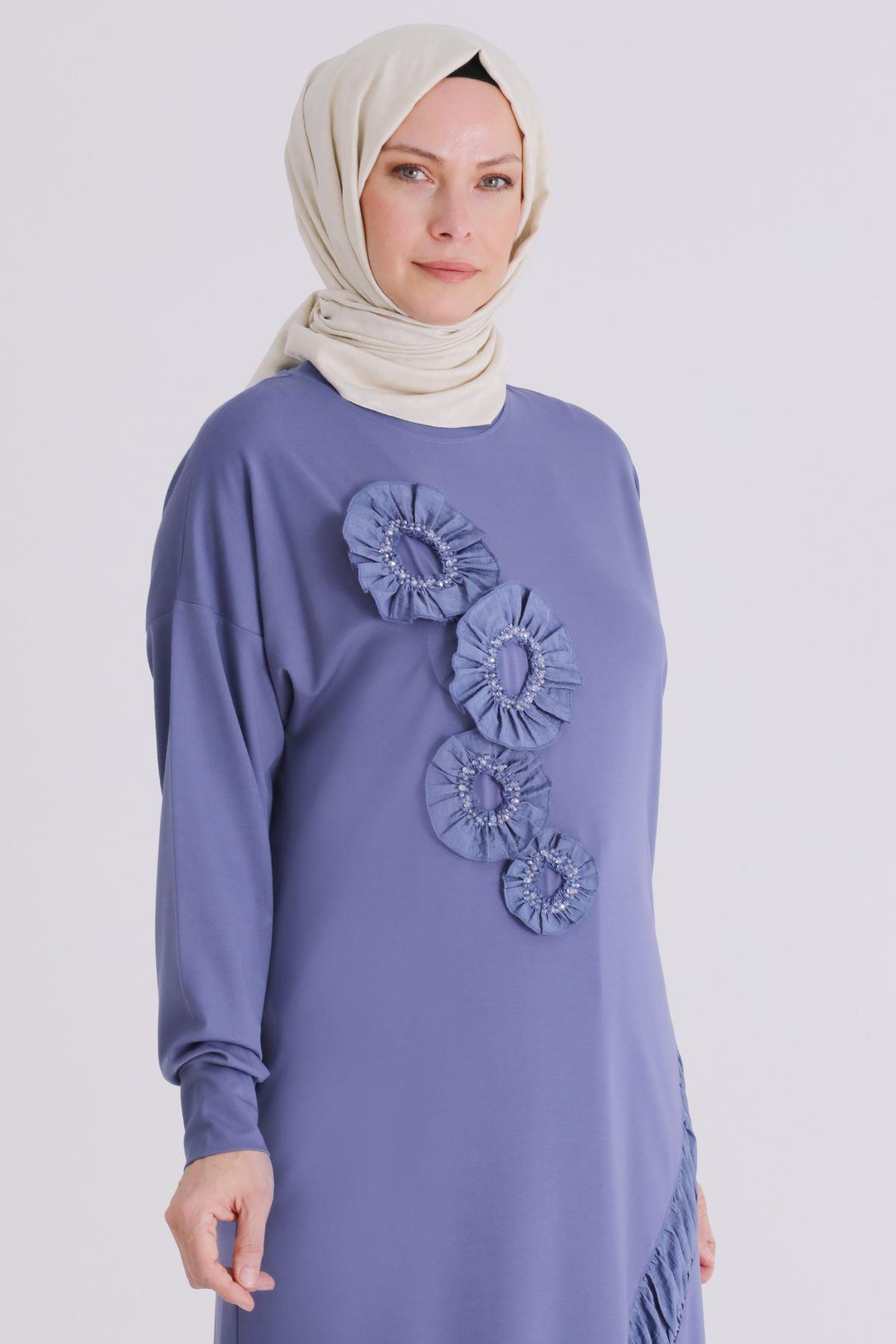 Behrem Büyük Beden Tesettür İşlemeli Tunik Morcivert OTW20133