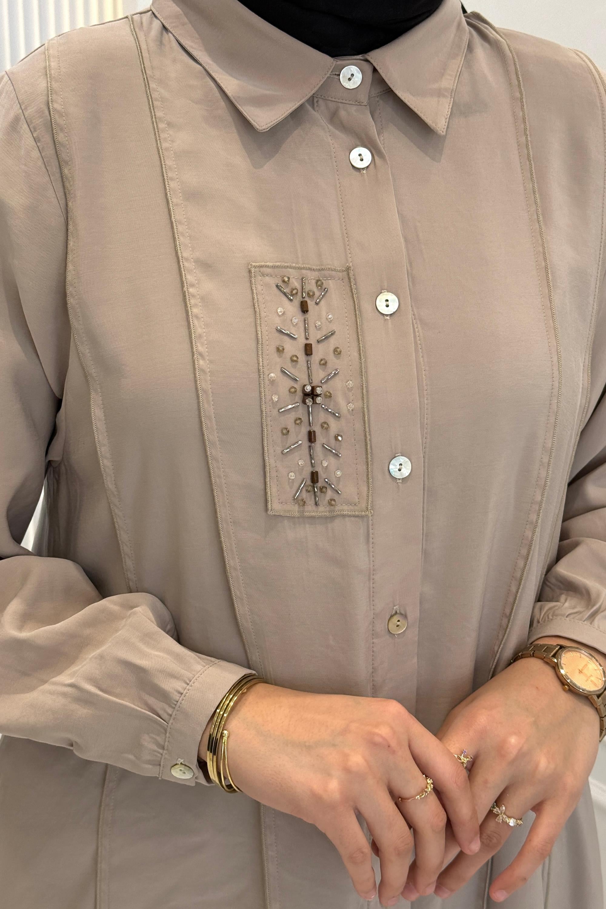 Behrem Büyük Beden Tesettür İşlemeli Tunik Taş OTW2359