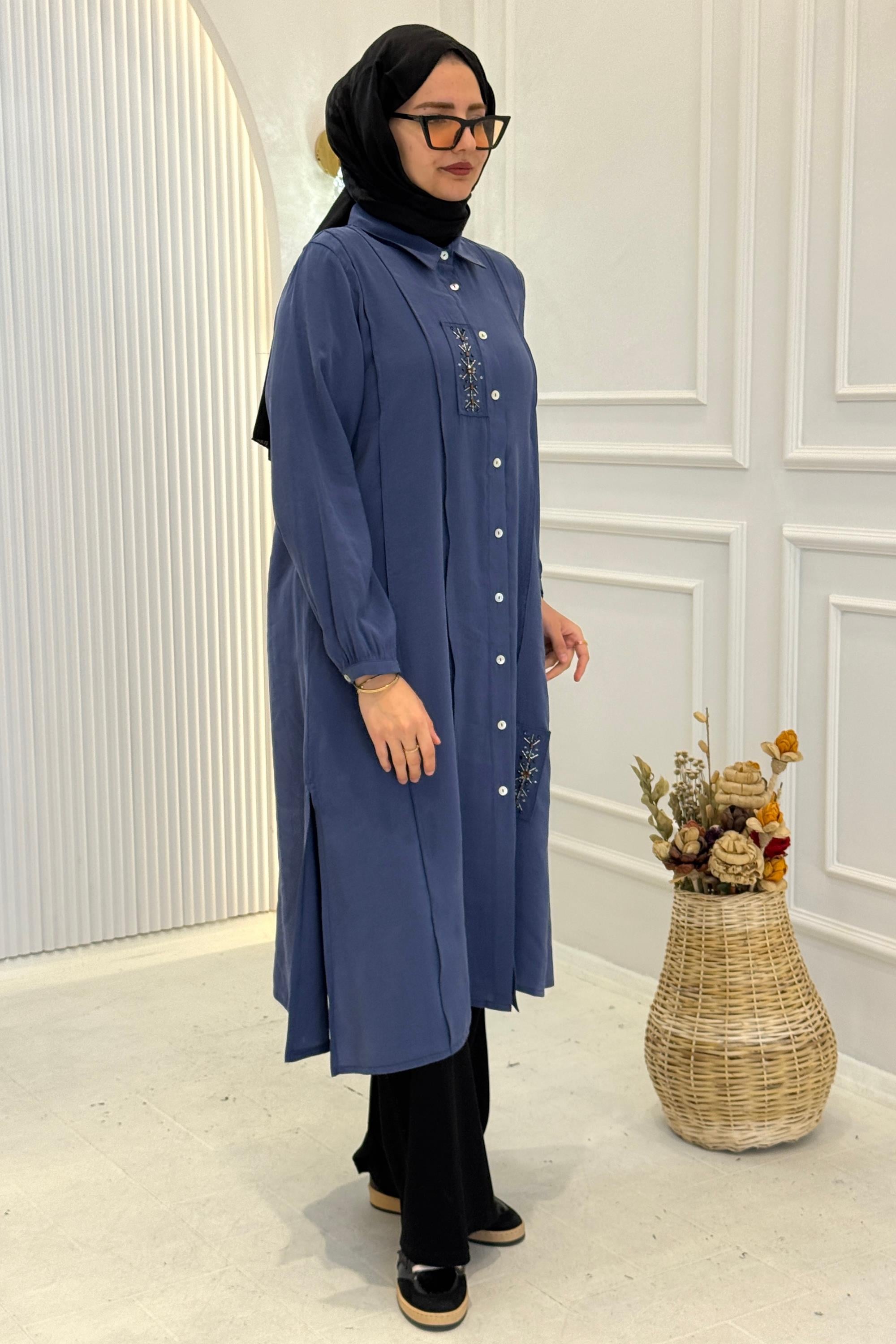 Behrem Büyük Beden Tesettür İşlemeli Tunik İndigo OTW2359
