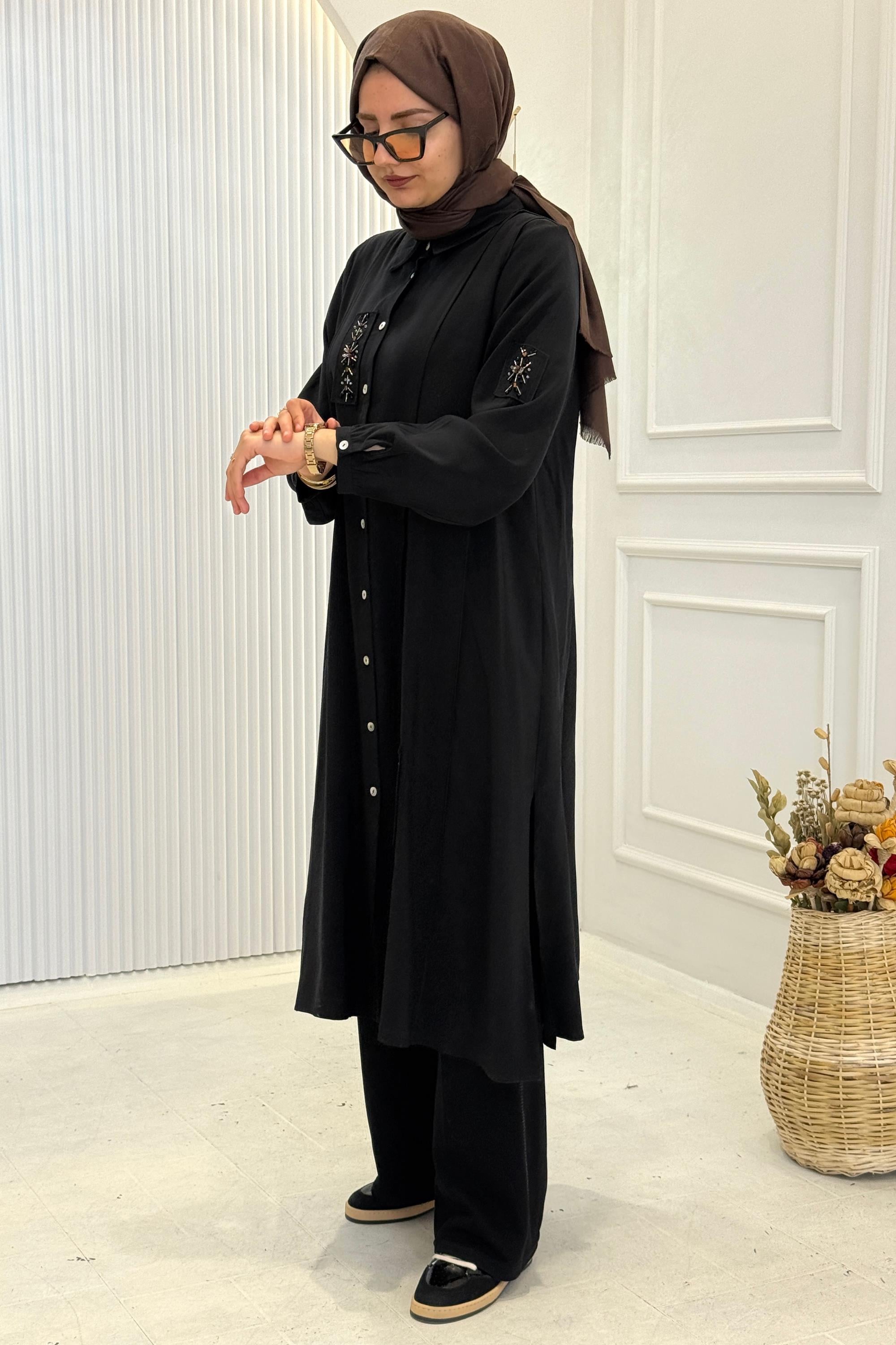 Behrem Büyük Beden Tesettür İşlemeli Tunik Siyah OTW2359