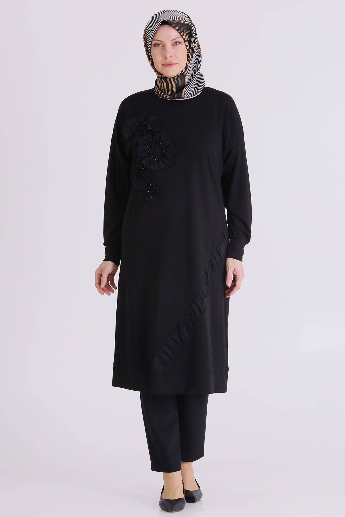 Behrem Büyük Beden Tesettür İşlemeli Tunik Siyah OTW20133