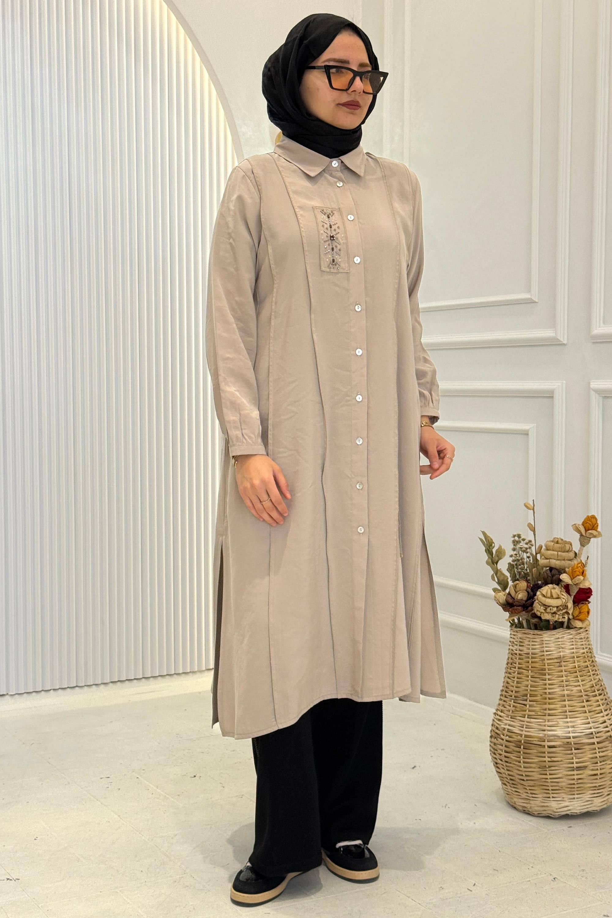 Behrem Büyük Beden Tesettür İşlemeli Tunik Taş OTW2359