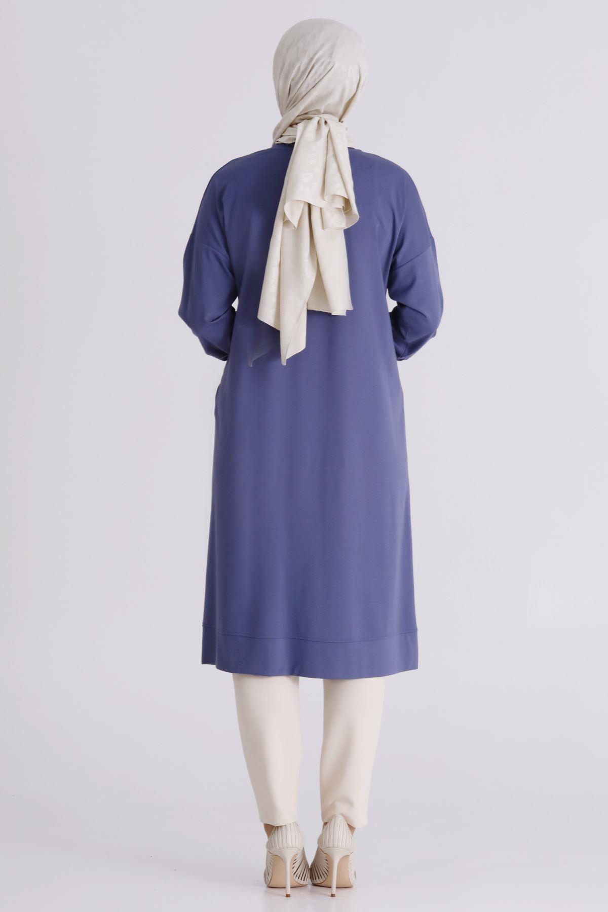 Behrem Büyük Beden Tesettür İşlemeli Tunik Morcivert OTW20133