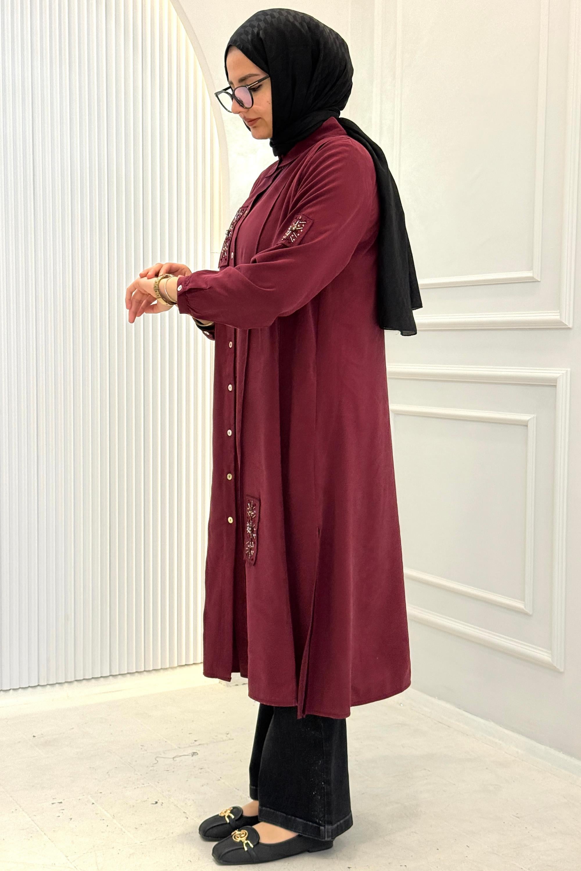 Behrem Büyük Beden Tesettür İşlemeli Tunik Bordo OTW2359
