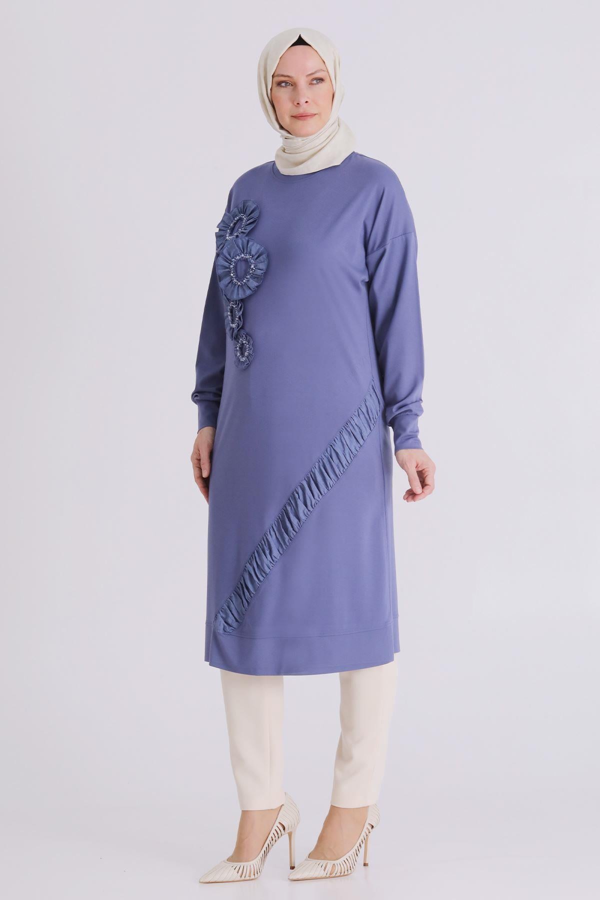 Behrem Büyük Beden Tesettür İşlemeli Tunik Morcivert OTW20133