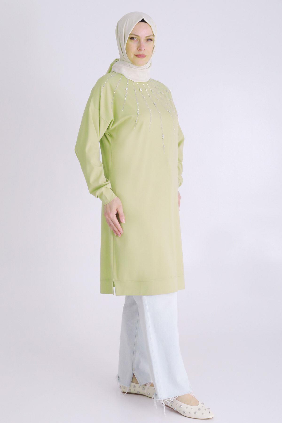 Behrem Büyük Beden Tesettür Örme Taşlı Tunik Ihlamur OTW20122