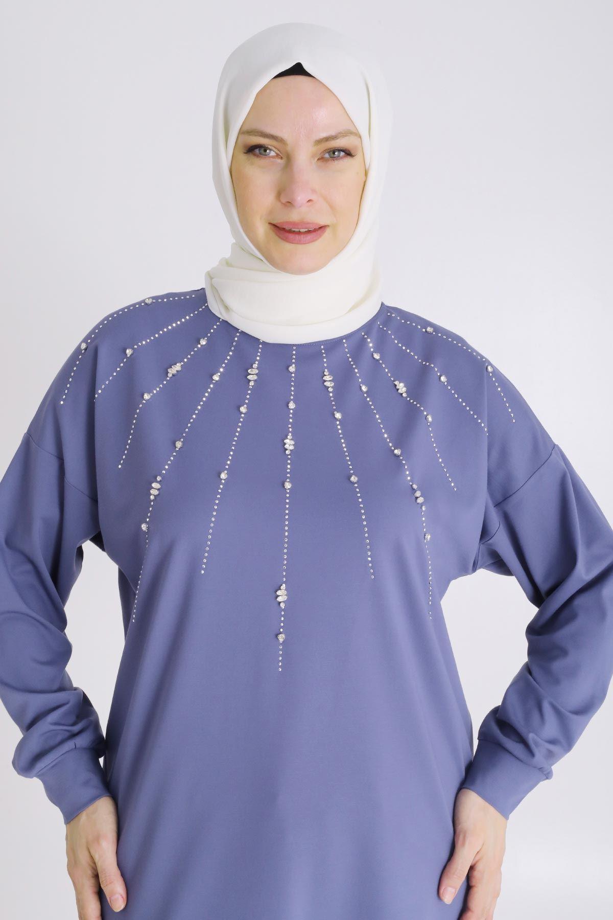 Behrem Büyük Beden Tesettür Örme Taşlı Tunik Morcivert OTW20122