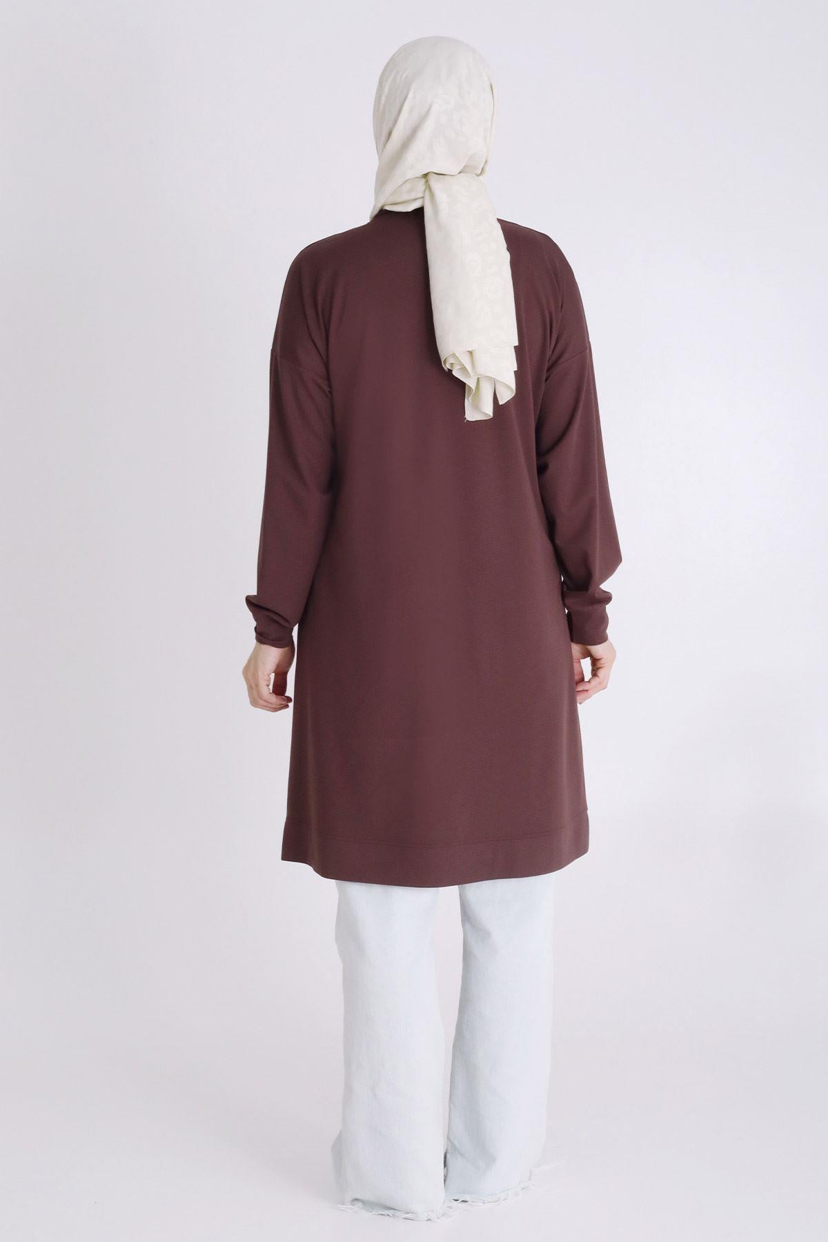 Behrem Büyük Beden Tesettür Örme Taşlı Tunik Kahve OTW20122