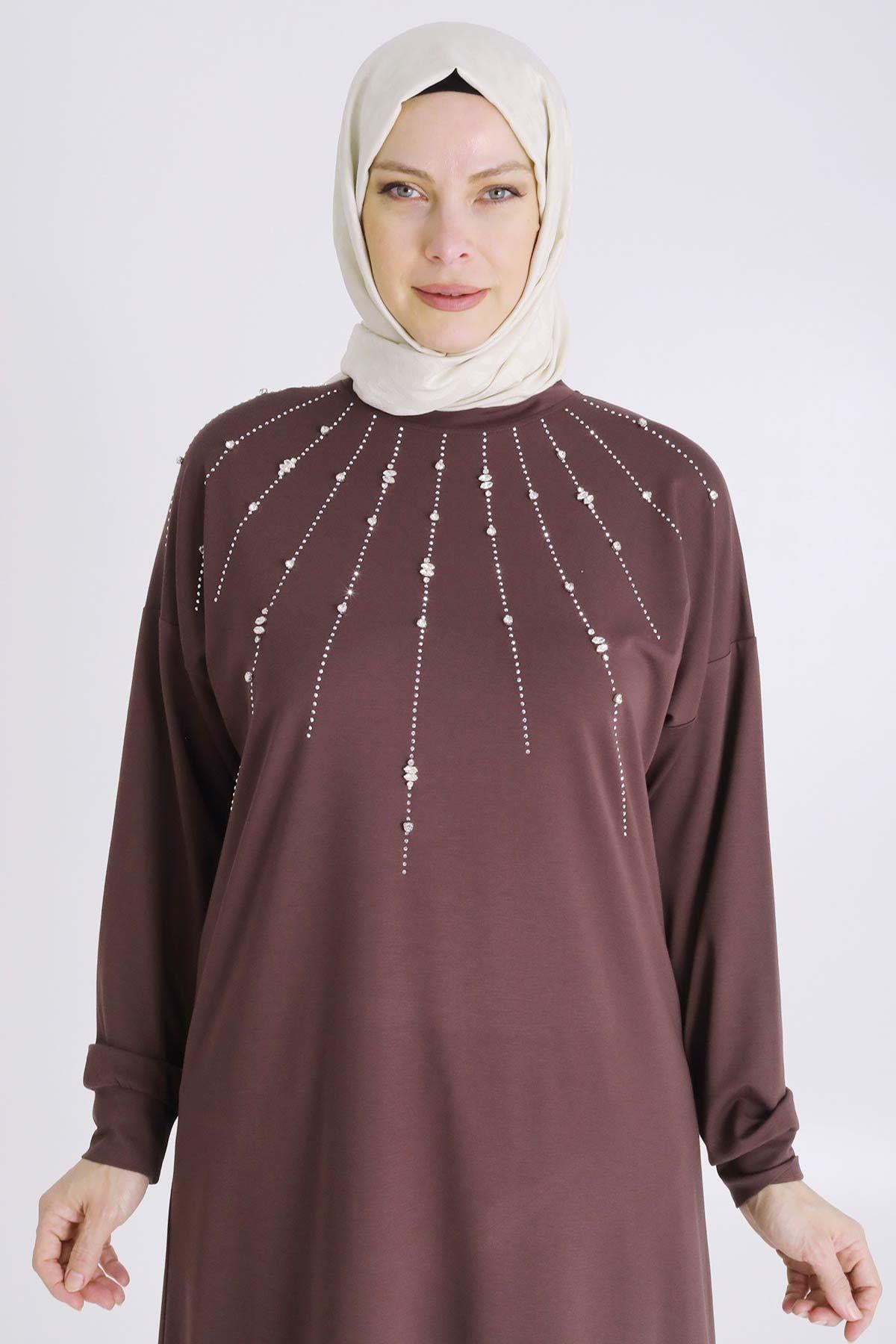 Behrem Büyük Beden Tesettür Örme Taşlı Tunik Kahve OTW20122