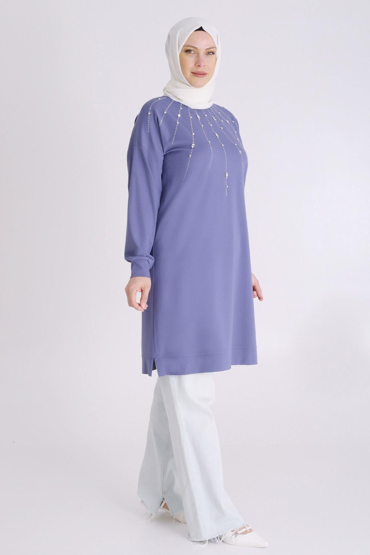 Behrem Büyük Beden Tesettür Örme Taşlı Tunik Morcivert OTW20122