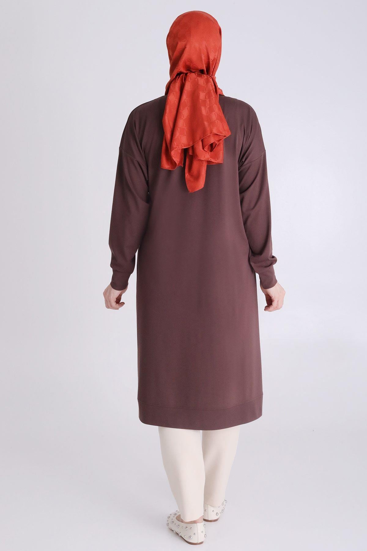 Behrem Büyük Beden Tesettür Örme Tunik Kahve OTW20123