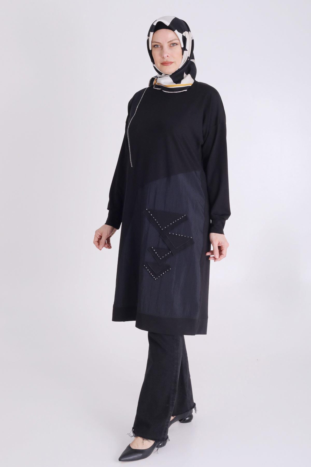 Behrem Büyük Beden Tesettür Örme Tunik Siyah OTW20123