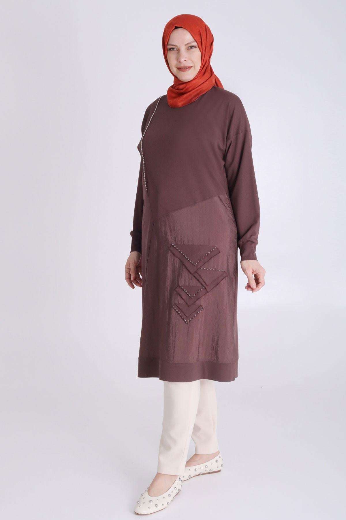 Behrem Büyük Beden Tesettür Örme Tunik Kahve OTW20123