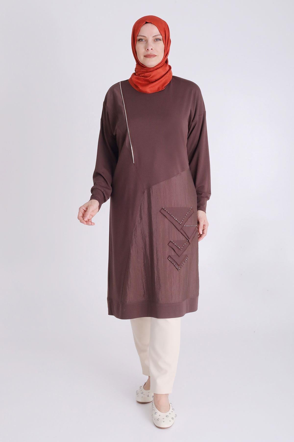 Behrem Büyük Beden Tesettür Örme Tunik Kahve OTW20123
