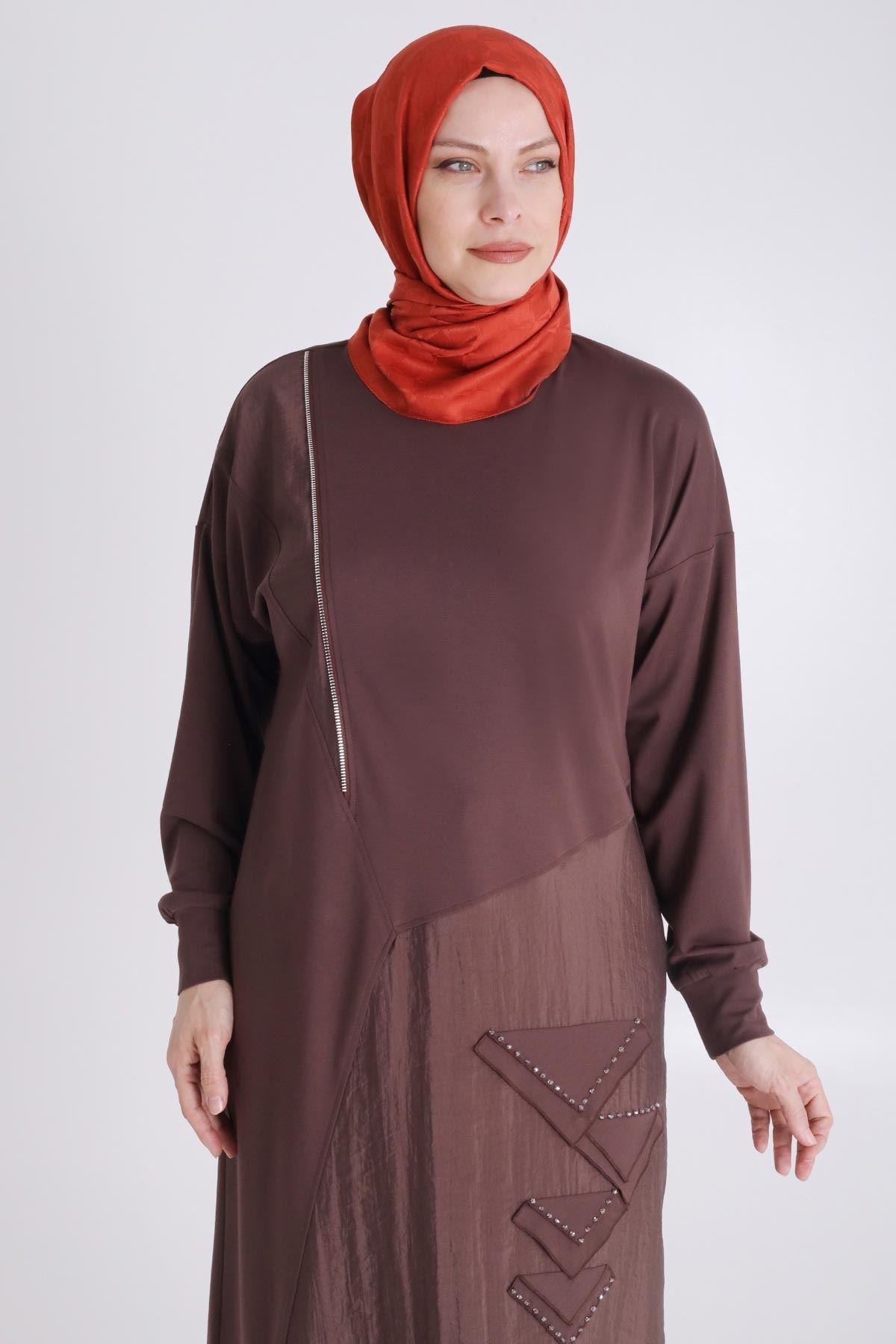 Behrem Büyük Beden Tesettür Örme Tunik Kahve OTW20123
