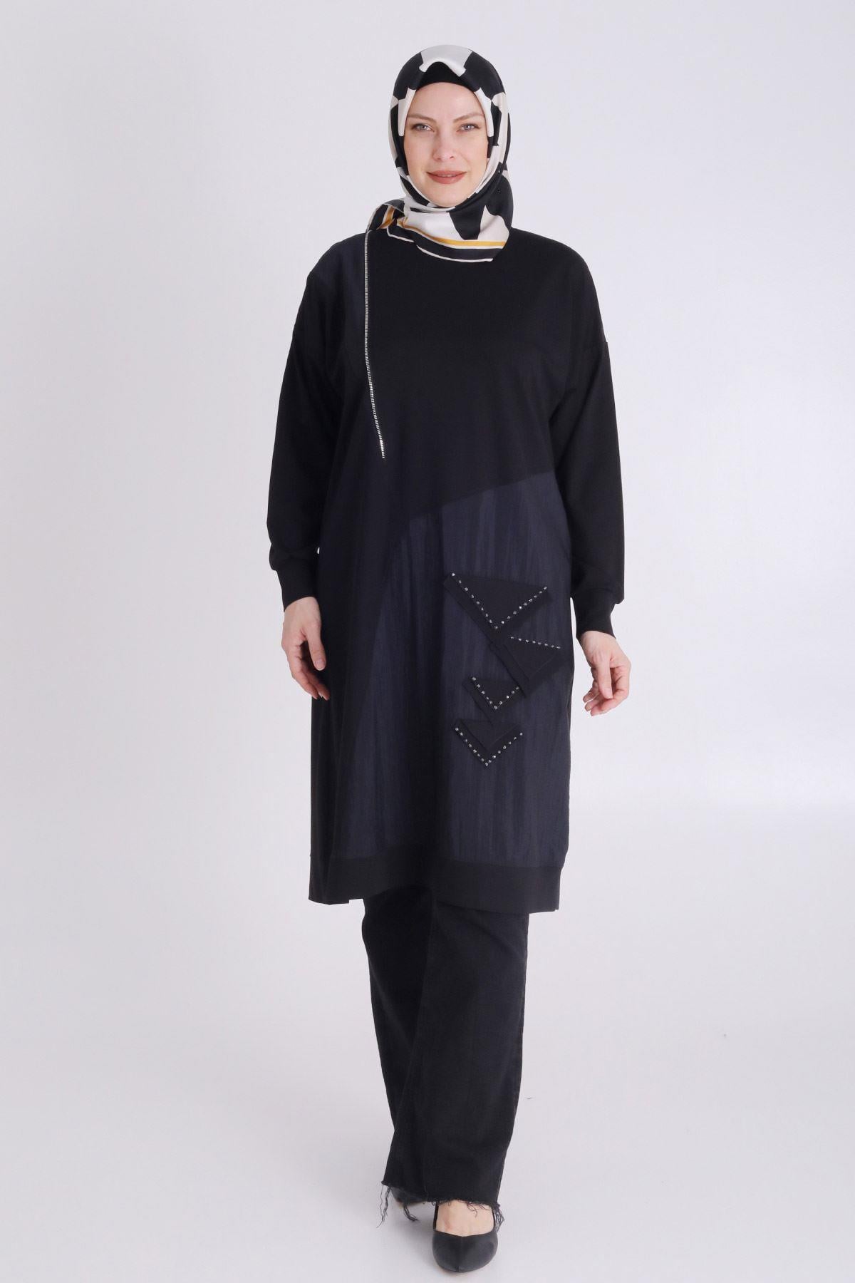 Behrem Büyük Beden Tesettür Örme Tunik Siyah OTW20123