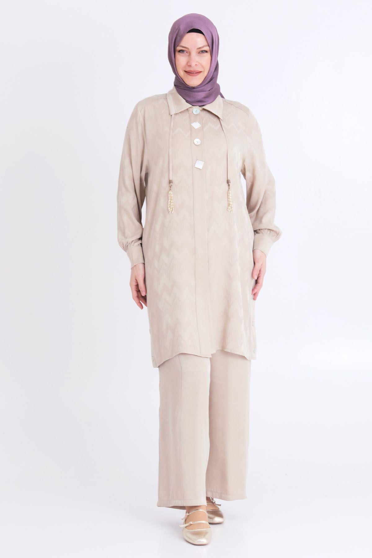 Behrem Büyük Beden Tesettür Pantolonlu Takım Bej OTW35117