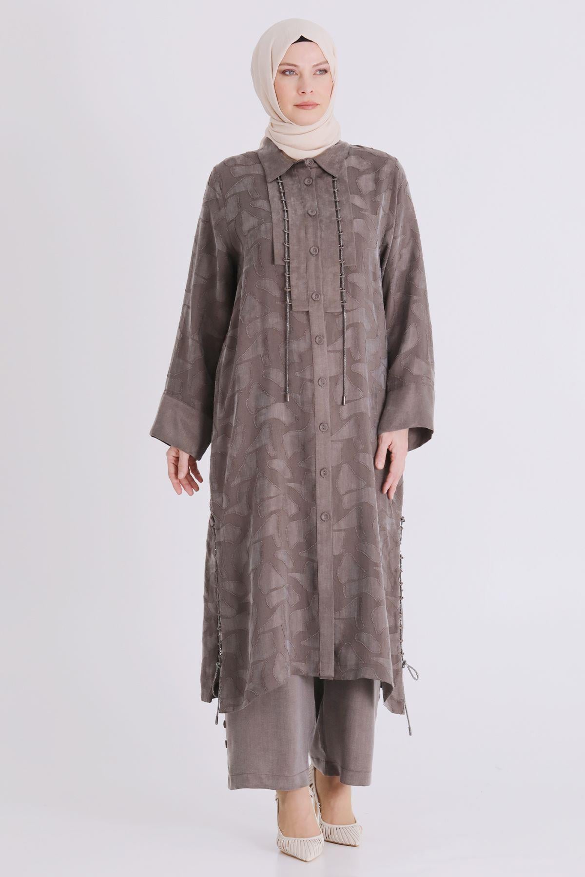 Behrem Büyük Beden Tesettür Pantolonlu Takım Koyu Vizon OTW35147