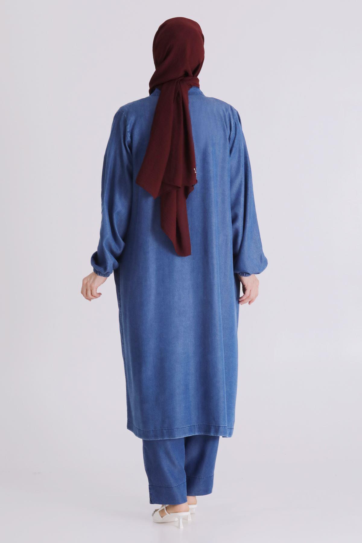 Behrem Büyük Beden Tesettür Pantolonlu Üçlü Tensel Takım Koyu Mavi OTW70020