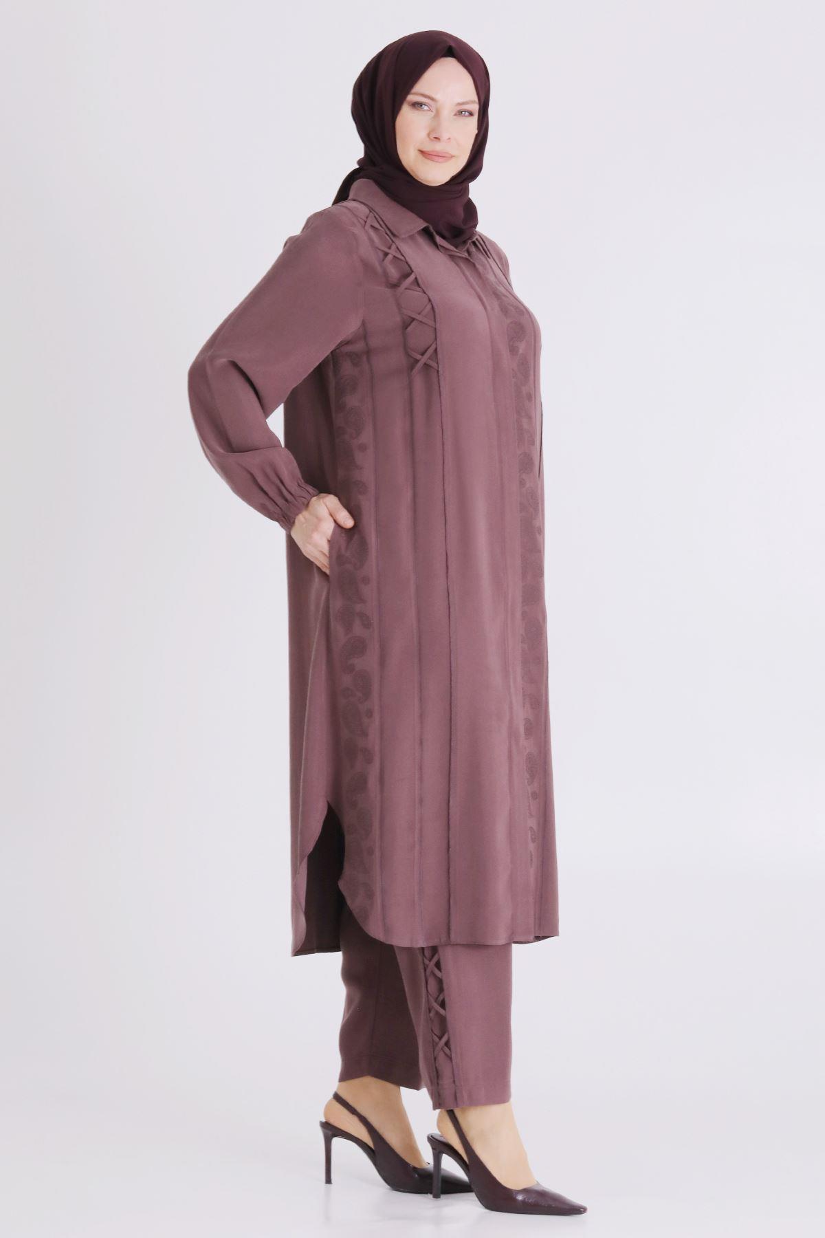 Behrem Büyük Beden Tesettür Pantolonlu Takım Soft Mürdüm OTW35142