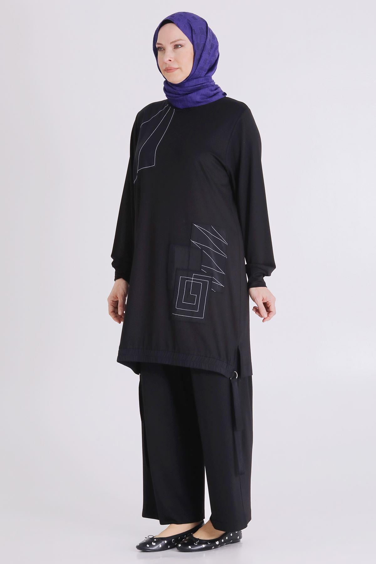 Behrem Büyük Beden Tesettür Pantolonlu Takım Siyah OTW3557